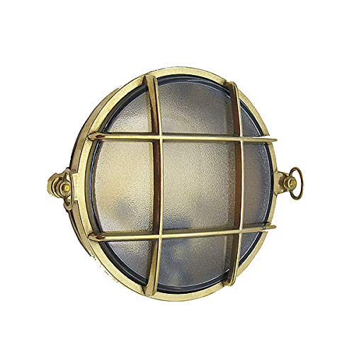Small Round Cage Bulkhead Sconce - Indoor/Outdoor Wall Light Fixture in Unlacquered Brass - Perfect for Porch, Garage, and Entryway Lighting