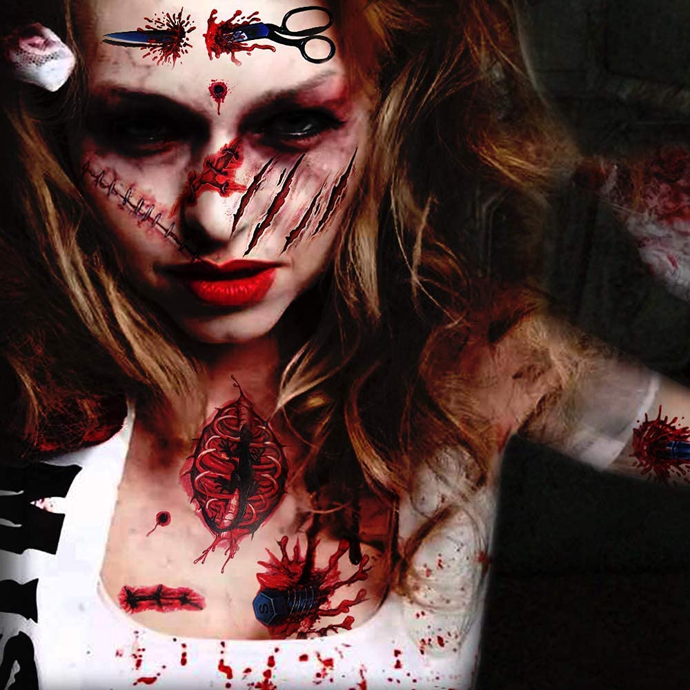 11-Piece Halloween Makeup Kit with Zombie, Vampire & Fake Blood - 61 Realistic Scars, Cuts & Tattoos for Cosplay, Horror Parties & Halloween Costume Contests