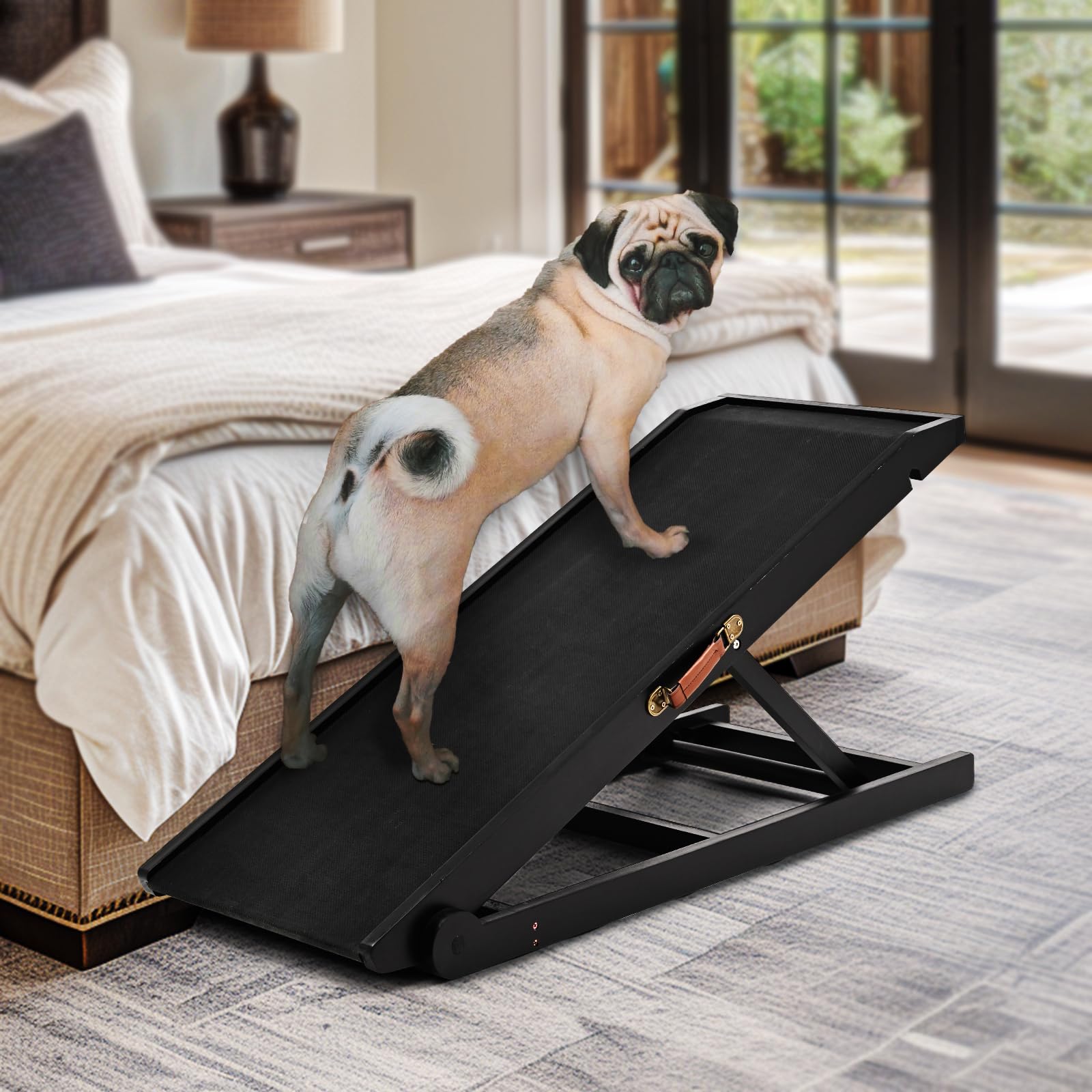 **Adjustable Dog Ramp for High Beds - Non-Slip Folding Wooden Pet Ramp for Small, Large & Senior Dogs (Up to 19.5 Inches) - Perfect for Bed, Couch & Car Access**