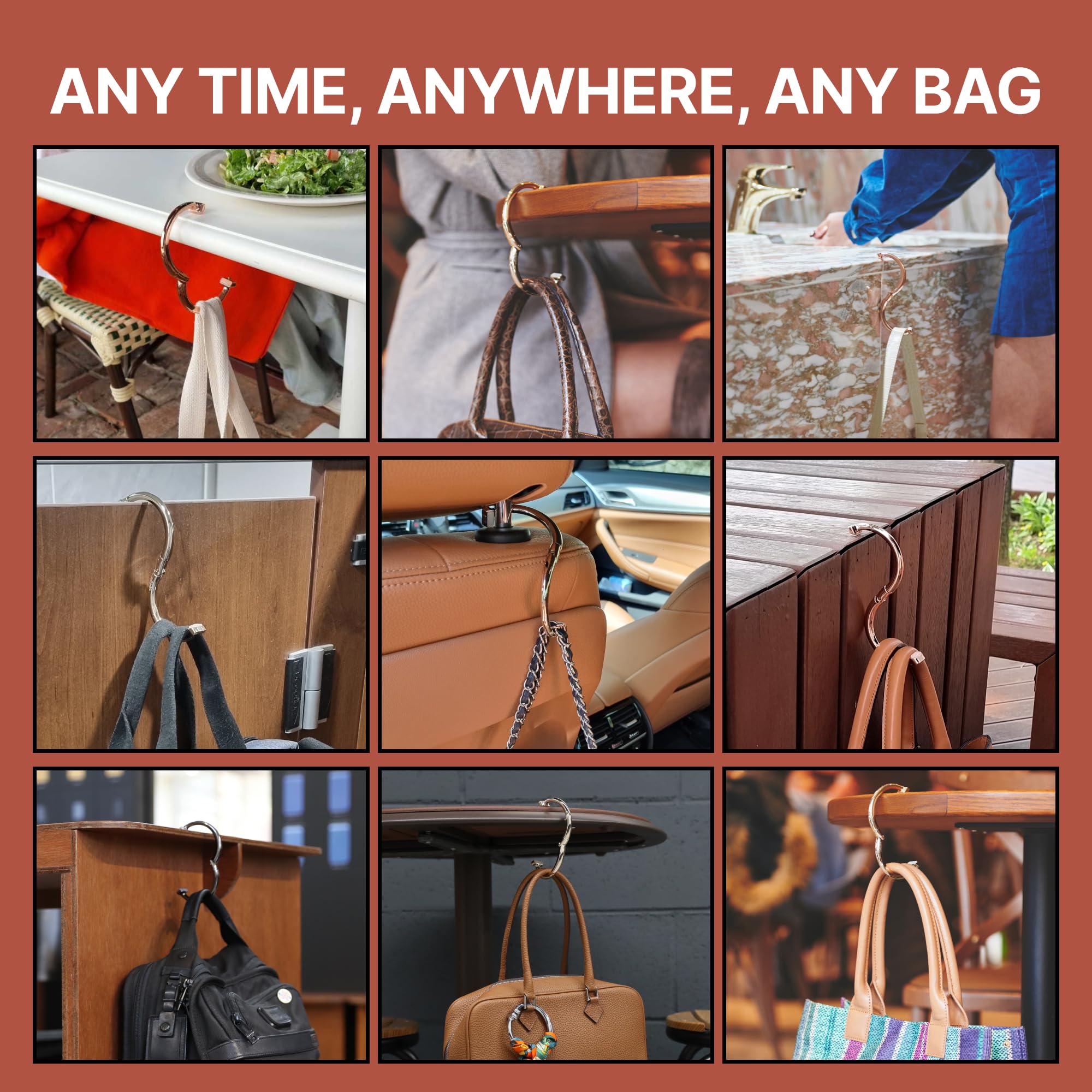 Premium Rotatable Purse Hook Hanger for Table - 90° & 180° Adjustable Bag Holder (Rose Gold) - Perfect for Restaurants, Bars, and Home Use