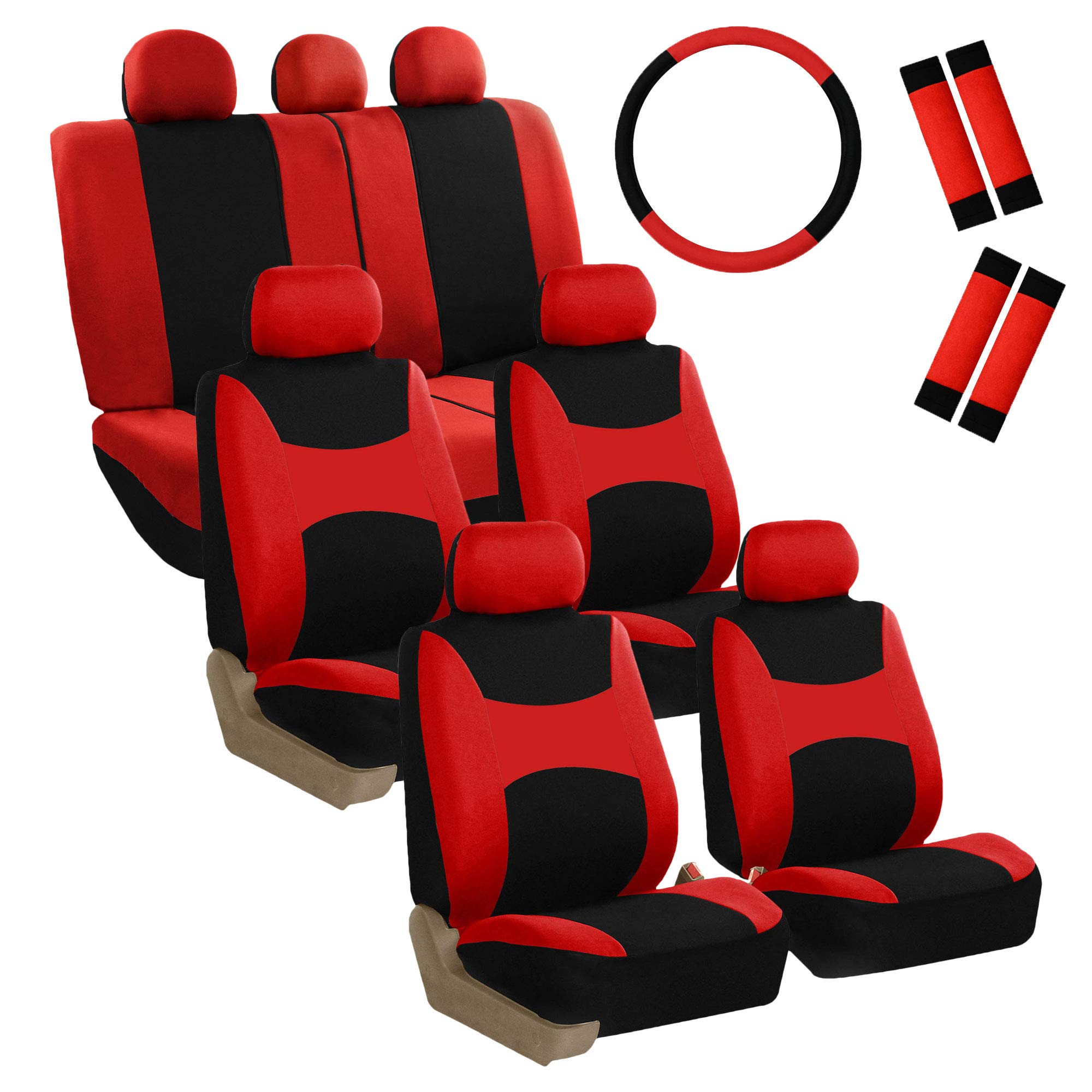 FH Group Light & Breezy Cloth Car Seat Covers - 7 Seater 3-Row Universal Fit for Cars, Trucks & SUVs (Red/Black) | Airbag & Split Compatible | Perfect for Family Road Trips & Daily Commutes