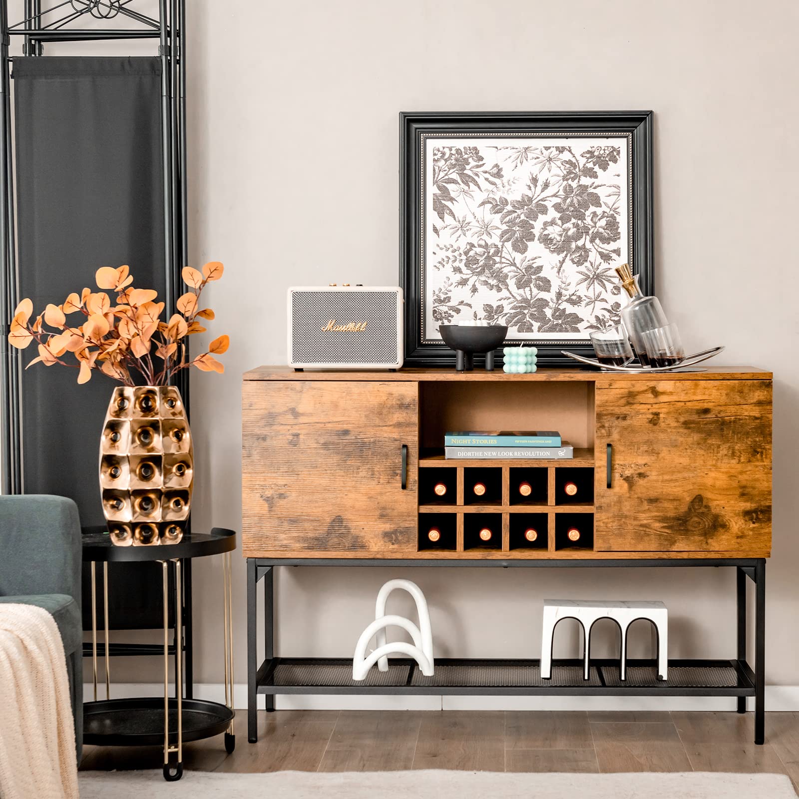 Giantex Industrial Wine Cabinet - Freestanding Kitchen Buffet Sideboard with Mesh Shelf, 2 Door Storage Cabinet & Console Table for Dining Room, Living Room, Hallway - Rustic Brown & Black | Perfect for Home Bar, Wine Storage & Entryway Organization
