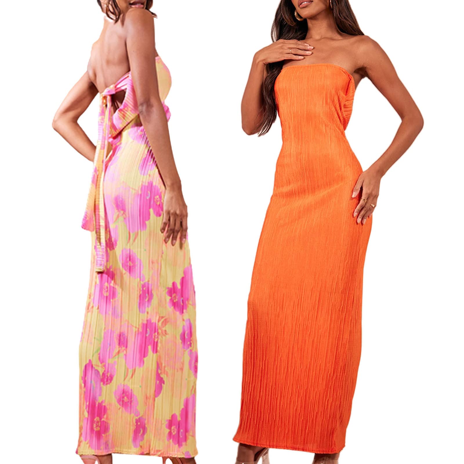 Chloefairy Women's Sexy Pleated Bandeau Maxi Tube Dress - Strapless Backless Slim Fit Floral Summer Bodycon Long Dress for Beach Party, Vacation & Night Out