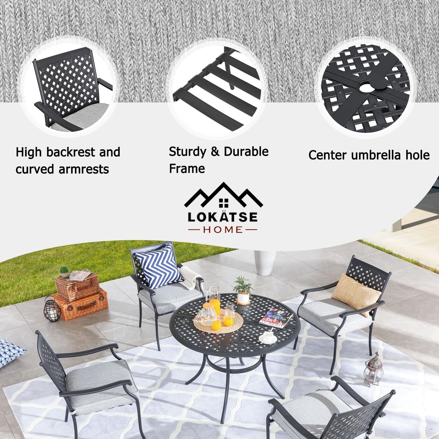 LOKATSE HOME 5-Piece Outdoor Dining Set - Metal Patio Furniture with Round Table & 4 Chairs, Umbrella Hole - Grey - Perfect for Backyard, Garden, Poolside & Deck Relaxation