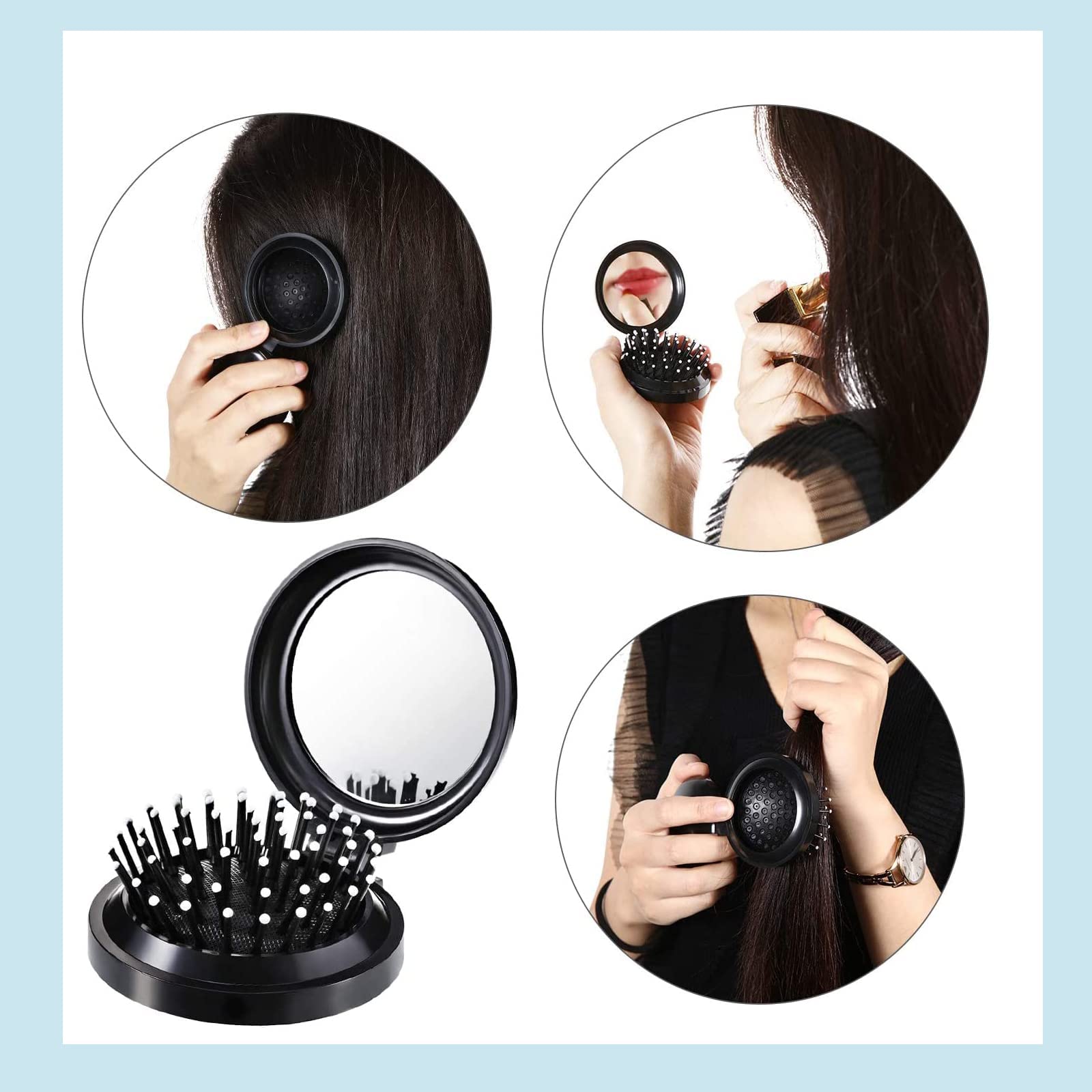 3Pack Travel Hair Brushes - Folding Mirror Combs for Women, Girls (Black/Silver/Purple) - Perfect for Travel & On-the-Go Styling