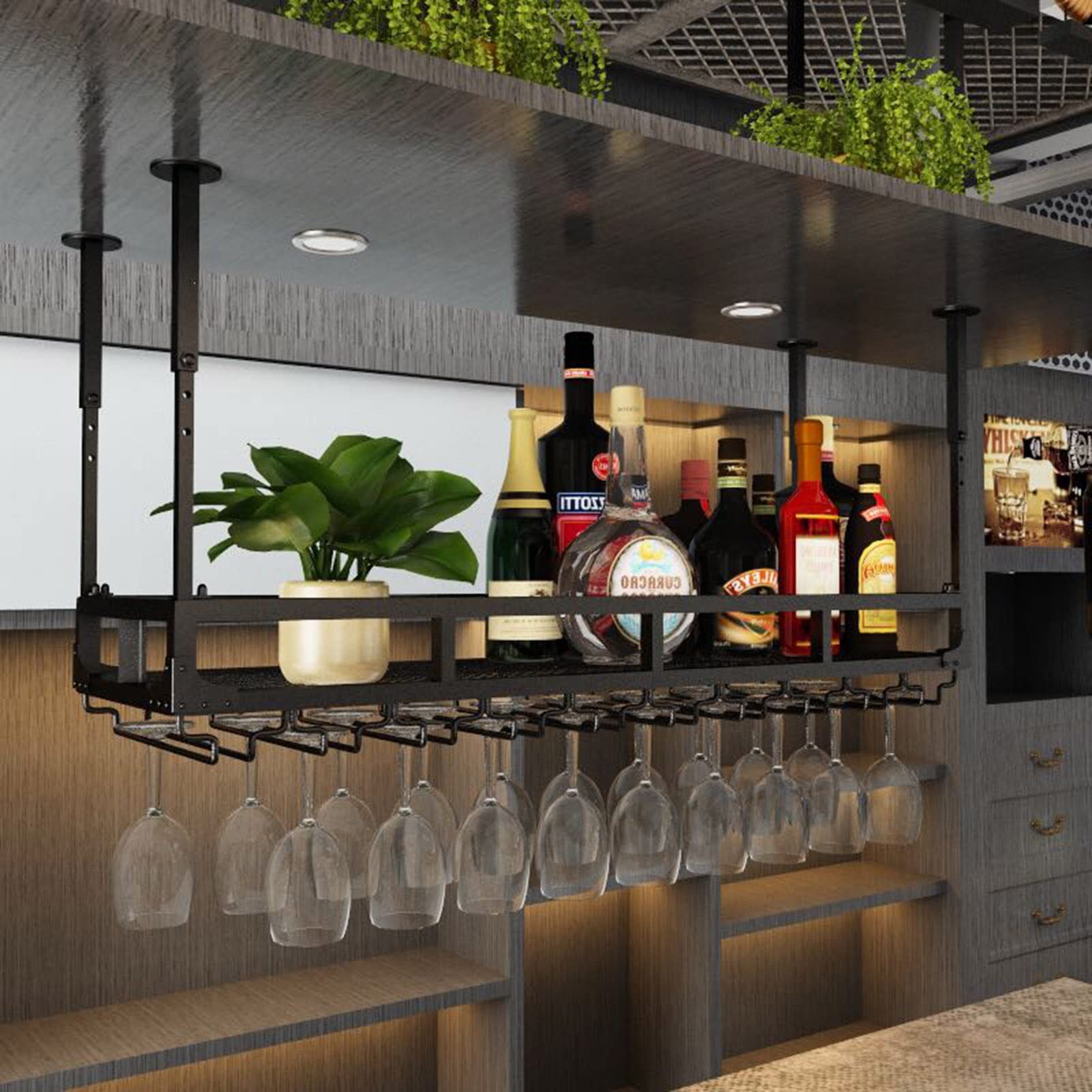 Industrial Black Ceiling Wine Rack - Adjustable Height Hanging Wine Bottle & Glass Holder for Champagne Stemware | Space-Saving Storage Shelf for Home Bar, Kitchen, or Restaurant (10