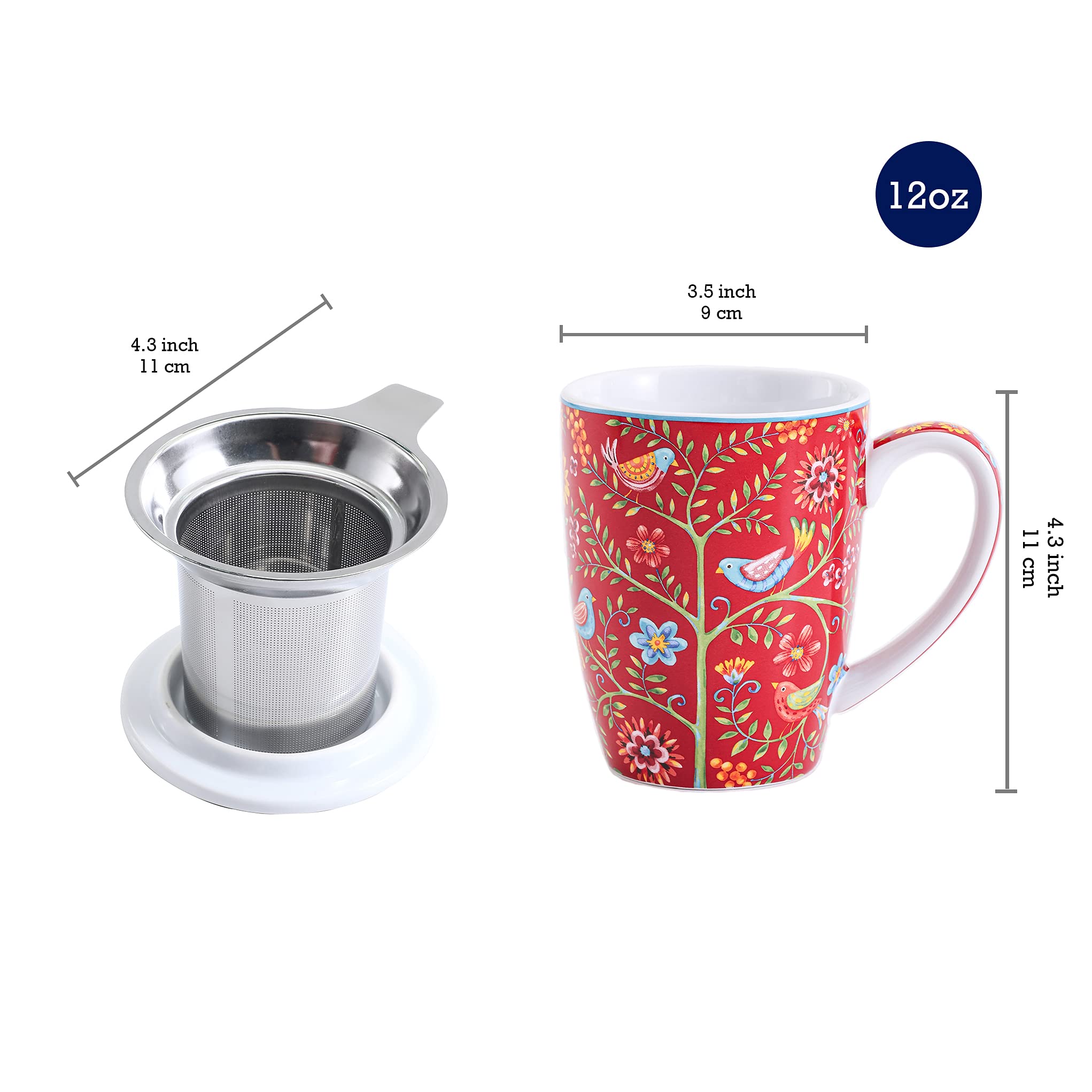 Bico Red Spring Bird 12oz Porcelain Tea Mug with Infuser & Lid - Microwave & Dishwasher Safe - Perfect for Home, Office & Gift Giving