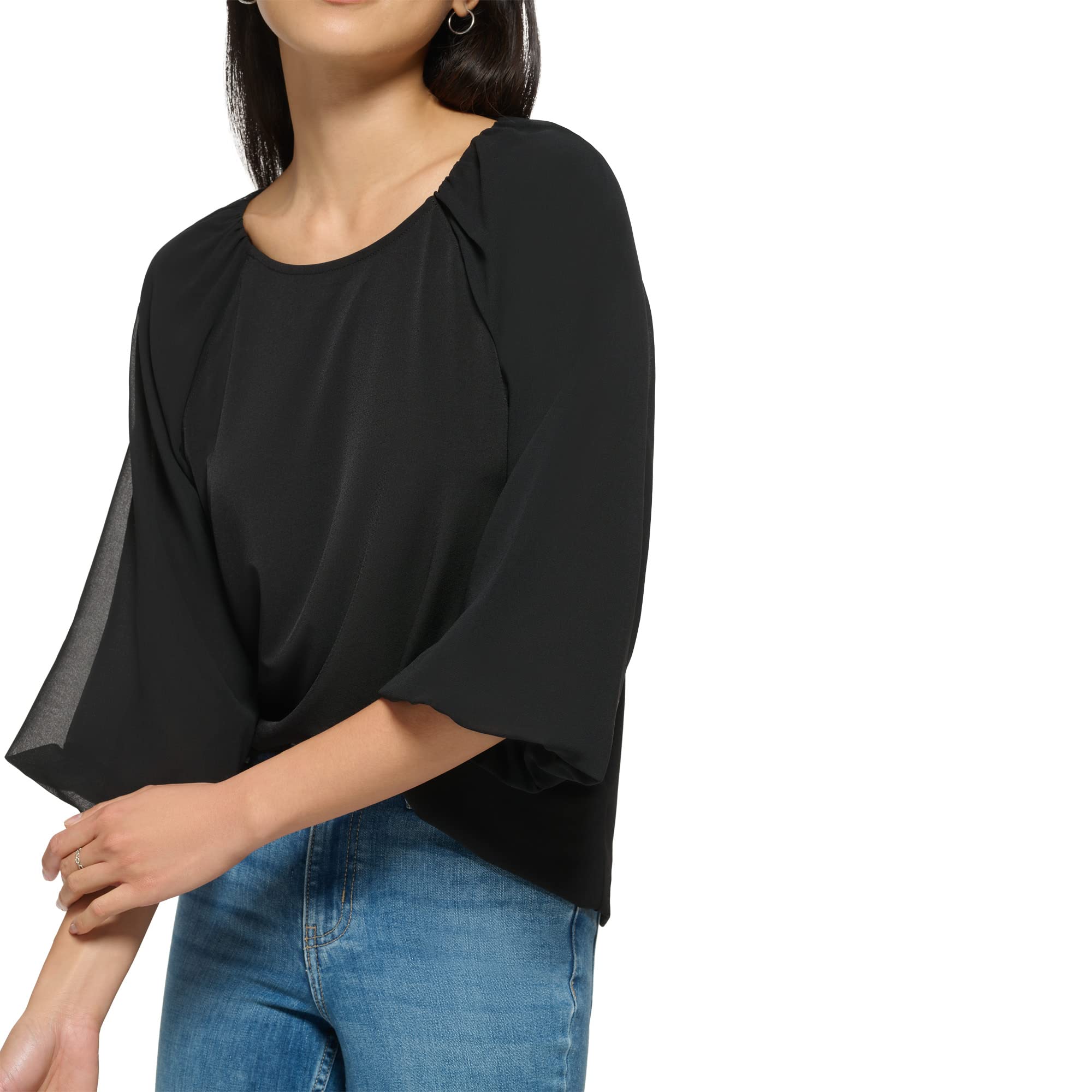 Calvin Klein Women's Loose Fitted Matte Jersey Mixed Media Lantern Sleeve Blouse | Casual Office Wear & Evening Outfits | Comfortable Stylish Top for Work & Social Events