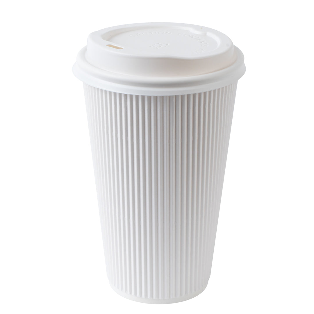 16 oz White Paper Ripple Wall Coffee Cups with White Lids - 200 Count Box (3.5