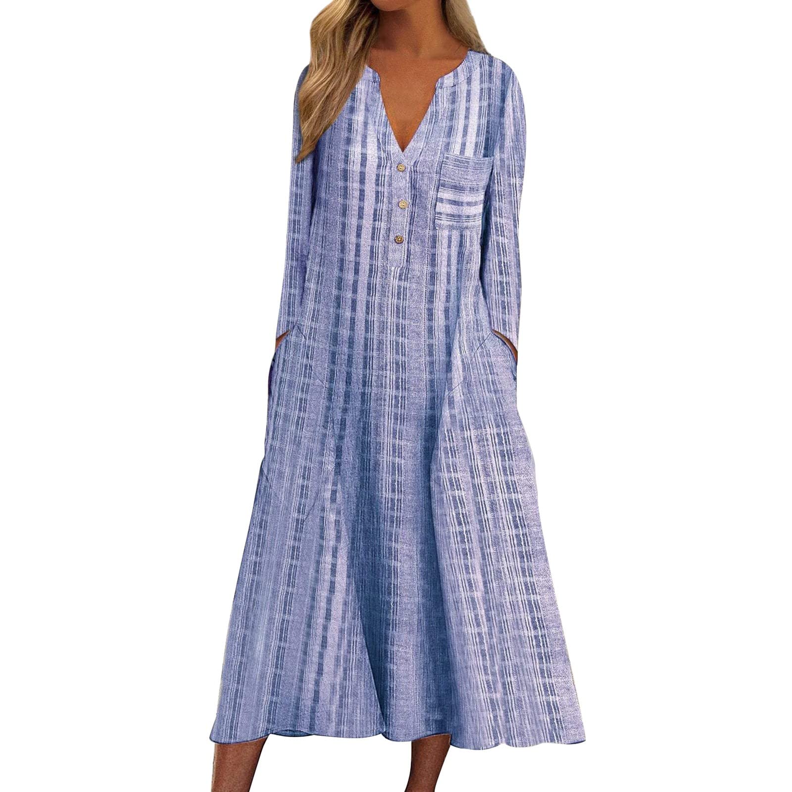 Women's Casual Summer Stripe Button-Down V-Neck Long Sleeve Pocket Dress | Floral Print Winter Dress for Women | Perfect for Beach Vacations, Office Wear & Date Nights