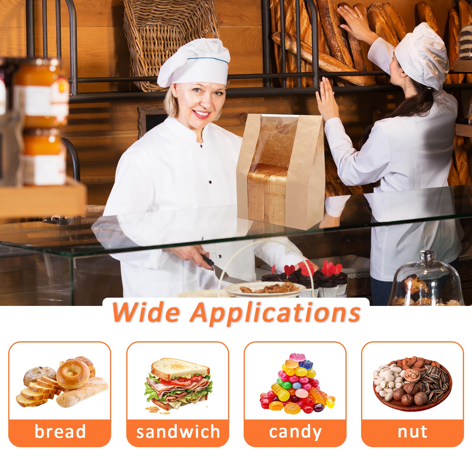 60 Pack Large Kraft Paper Bread Bags with Clear Window & Seal Stickers - 13.7