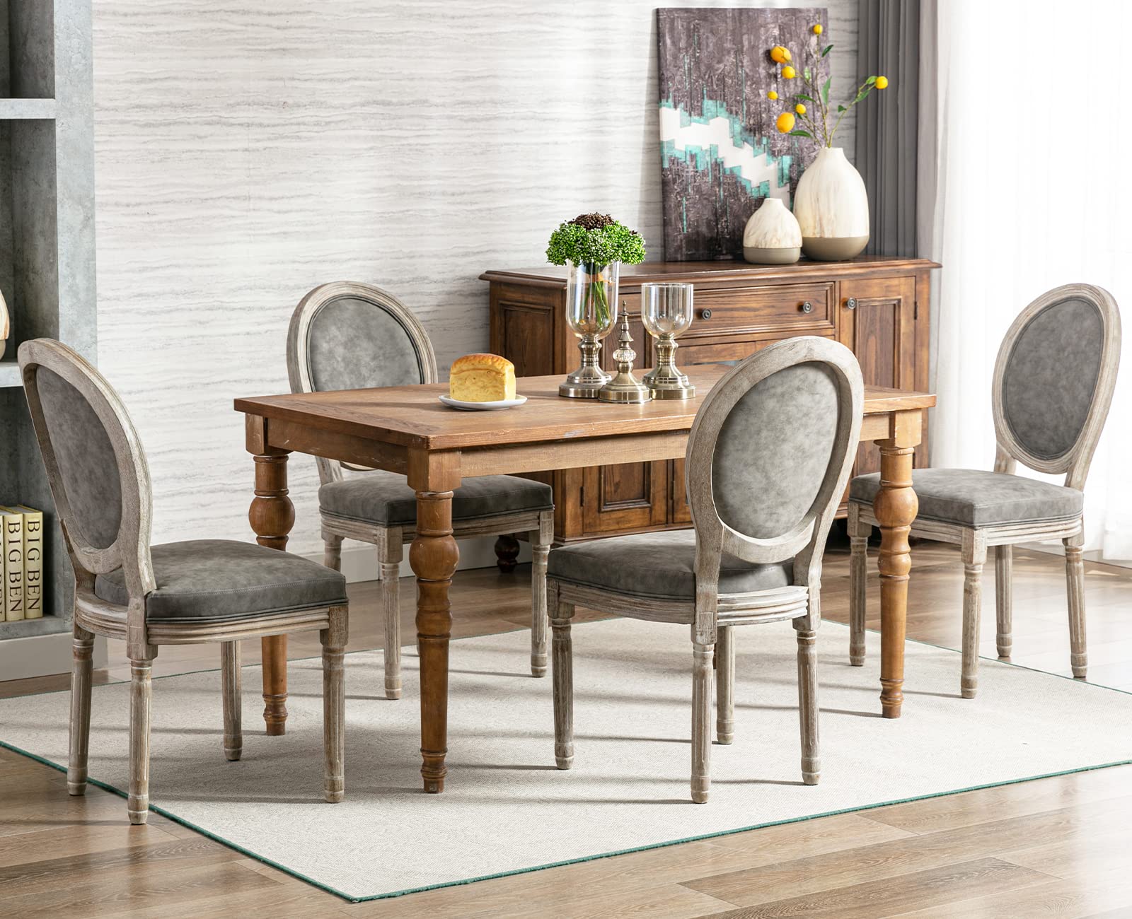 Kmax 4-Piece Grey PU Leather Dining Chairs Set - French Farmhouse Style Round Back Chairs for Kitchen, Living Room & Dining Room | Perfect for Home Decor, Entertaining Guests & Comfortable Seating