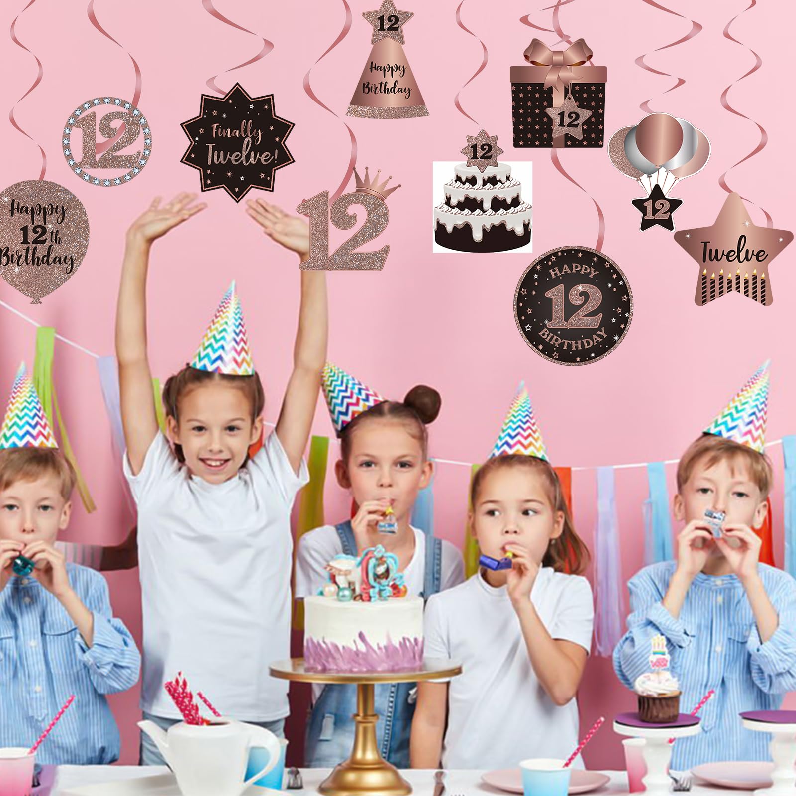 BRT Bearingshui 12th Birthday Party Decorations - 12 Rose Gold Foil Hanging Swirls with Cutouts for Ceiling Decor | Perfect for 12 Years Old Birthday Celebrations, Party Supplies & Room Decor