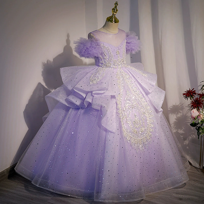 Lilac Princess Round Floor Length Tulle Flower Girl Dress for Weddings, Baptisms & Special Occasions