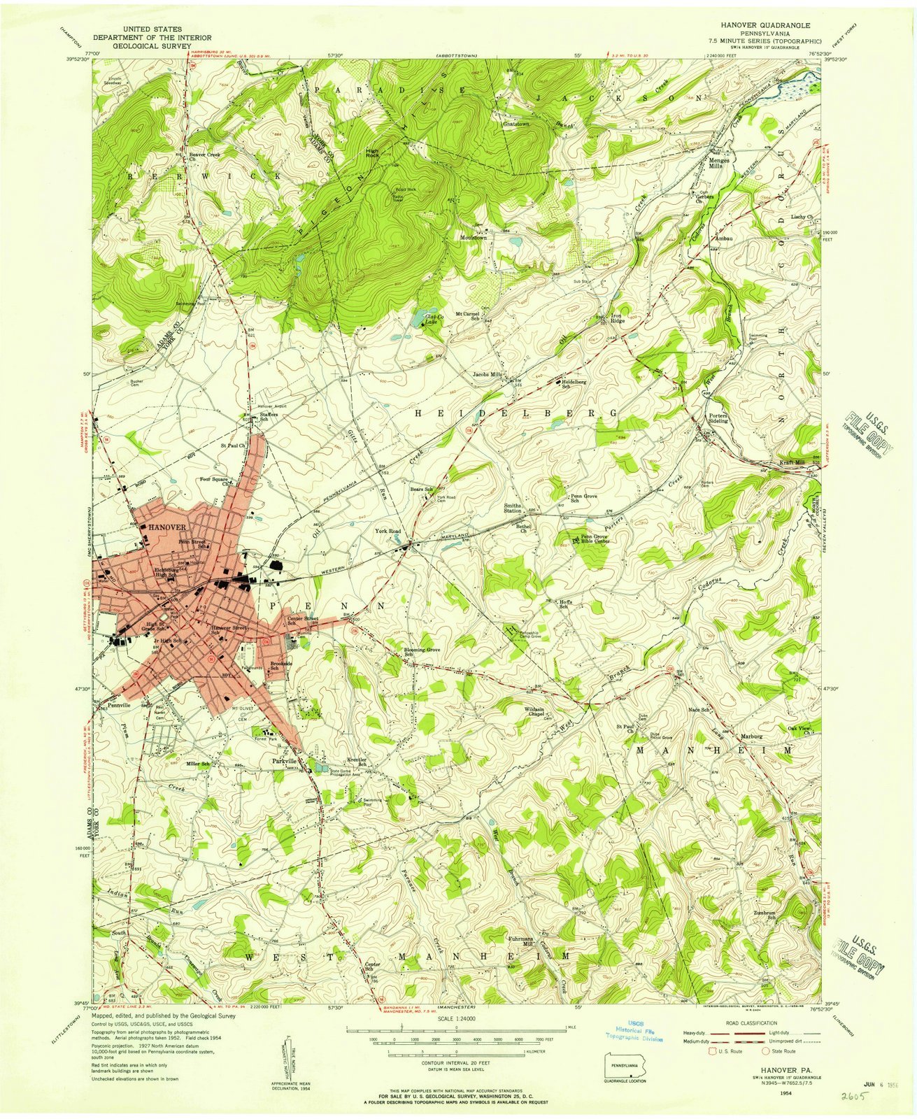 1954 Hanover, PA USGS Historical Topographic Wall Map - 44x55 Inches Large Vintage Pennsylvania Map Decor - Perfect for Home Office, Living Room & Gifts