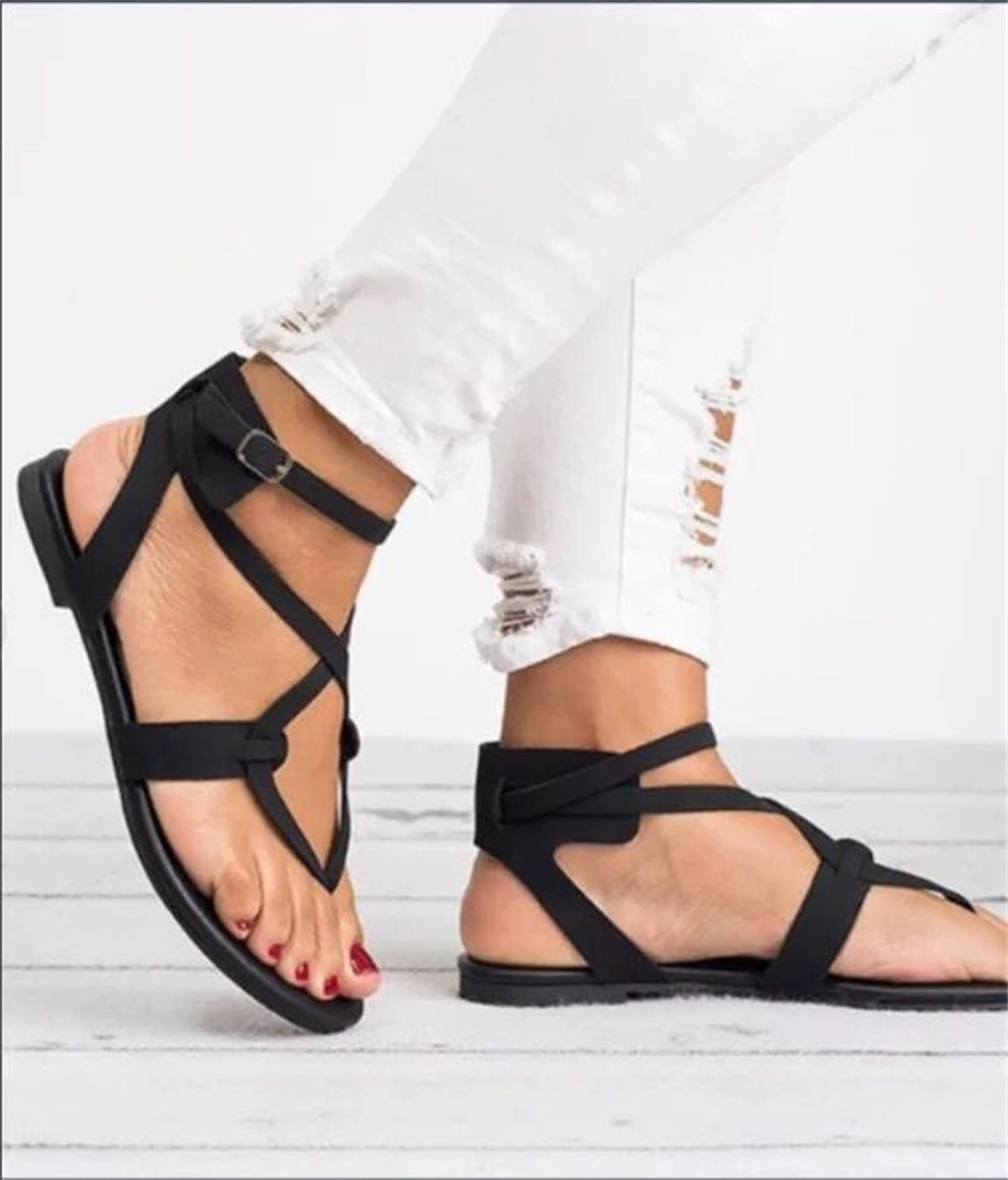 Women's Casual Summer Sandals - Lace Up Flat T-Strap Beach Flip Flops with Strappy Design | Perfect for Vacation, Walking & Outdoor Activities