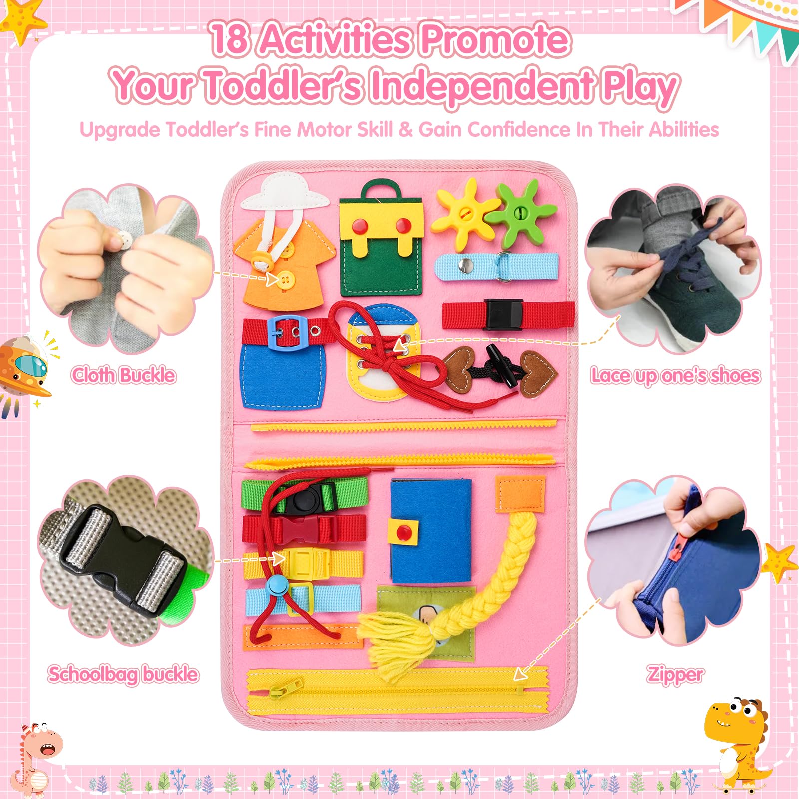 Montessori Busy Board for Toddlers 1-3 - Sensory Travel Toy for Girls | Christmas Birthday Gift for 2 Year Olds | Airplane & Road Trip Activity