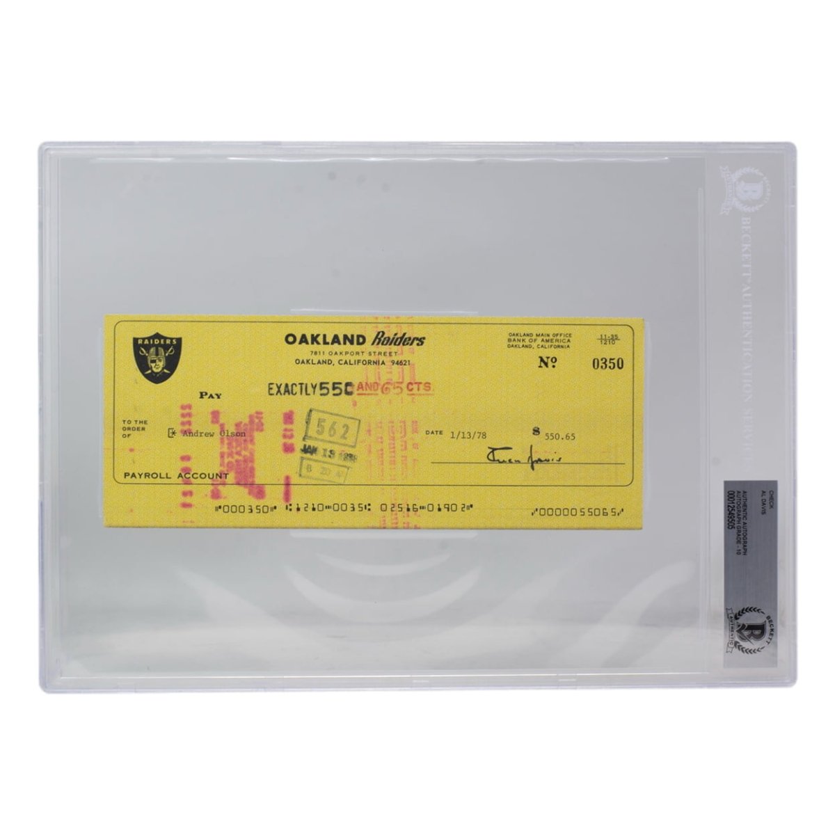 Authentic Al Davis Signed Oakland Raiders Bank Check #350 BGS Certified - Perfect for Raiders Memorabilia Collection, Sports Fan Gift, and NFL History Display