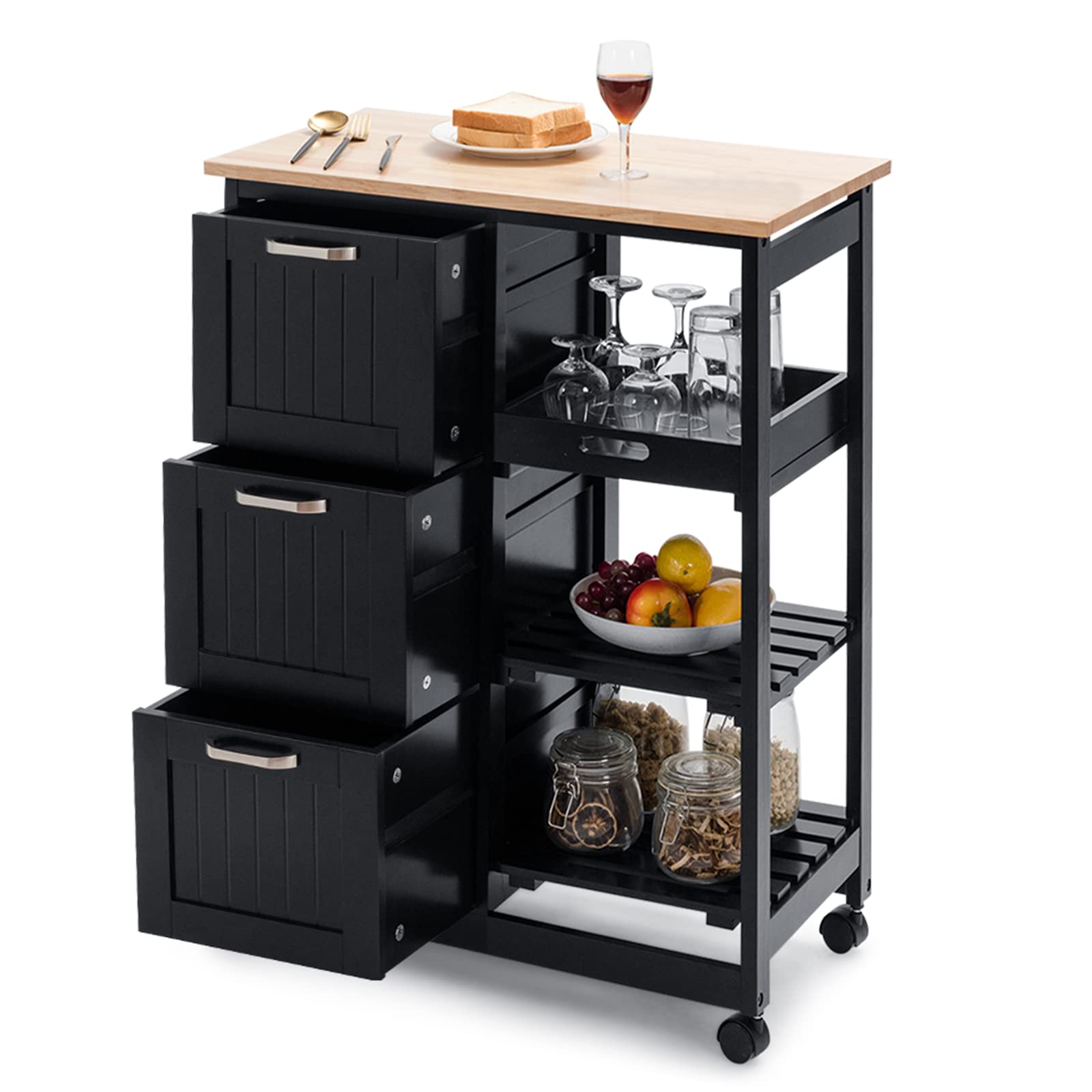 Giantex Kitchen Island Cart with 3 Large Drawers & 3-Tier Shelves - Rolling Storage Cabinet, Mobile Kitchen Trolley for Home Bar, Dining Room & Small Spaces - Black