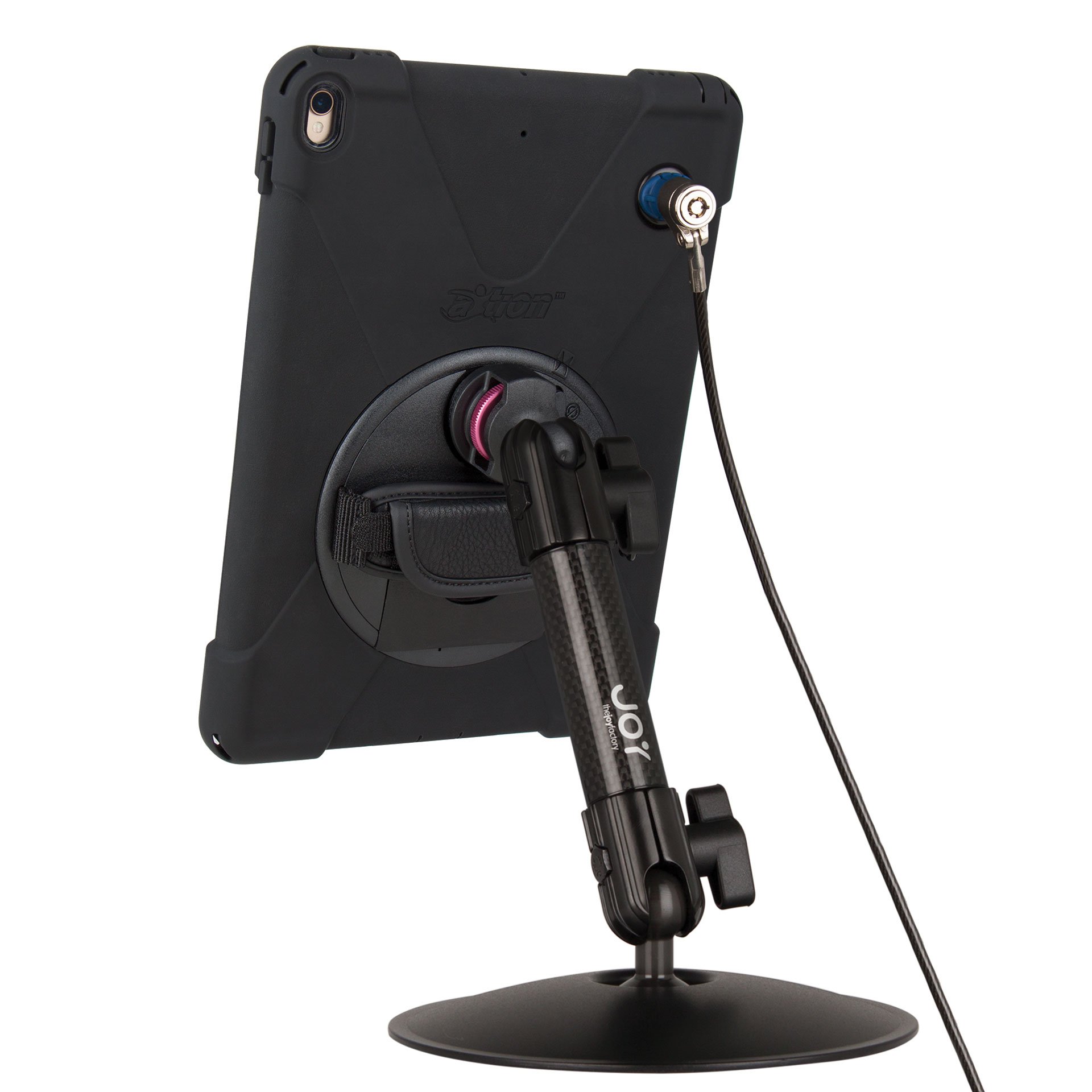 The Joy Factory MagConnect Carbon Fiber Desk Stand Mount with aXtion Bold MPS Water-Resistant Rugged Case for iPad Pro 10.5