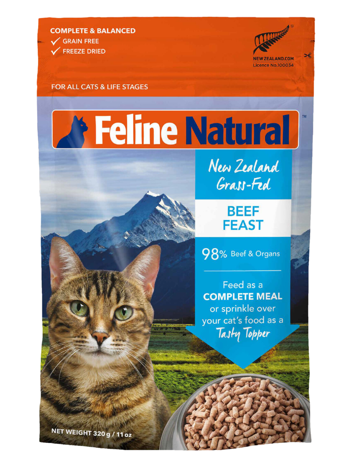 Feline Natural Freeze Dried Beef Cat Food - Grain Free, High Protein Raw Cat Treats - 320g for Adult & Senior Cats - Perfect for Travel, Training & Digestive Health