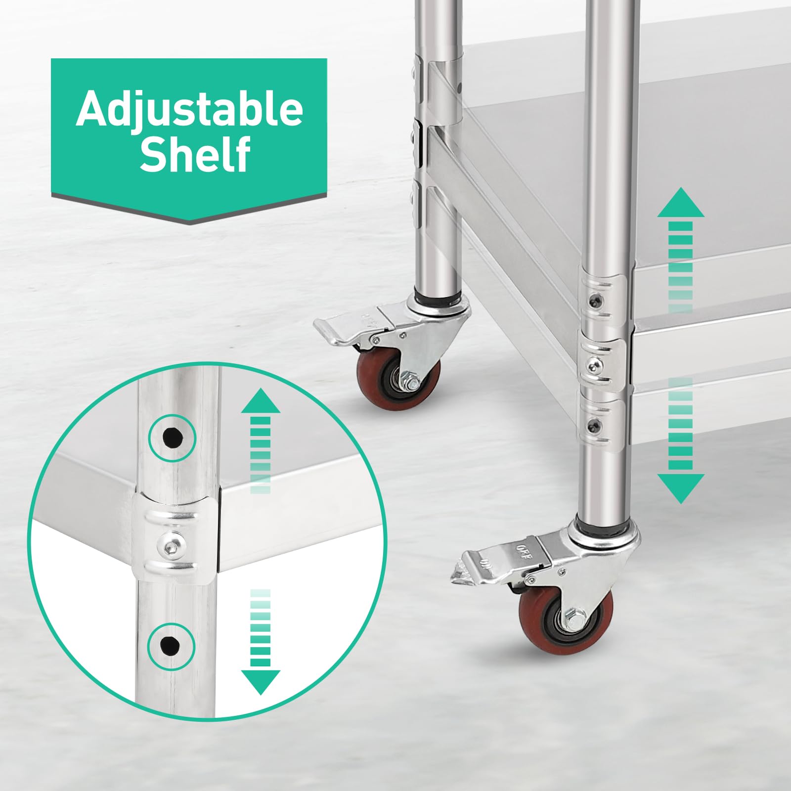 NSF Certified Stainless Steel Commercial Work Table with Casters & Backsplash - Heavy Duty Adjustable Height Food Prep Surface for Restaurants, Kitchens & Catering | Perfect for Cooking, Baking & Appliance Workstations