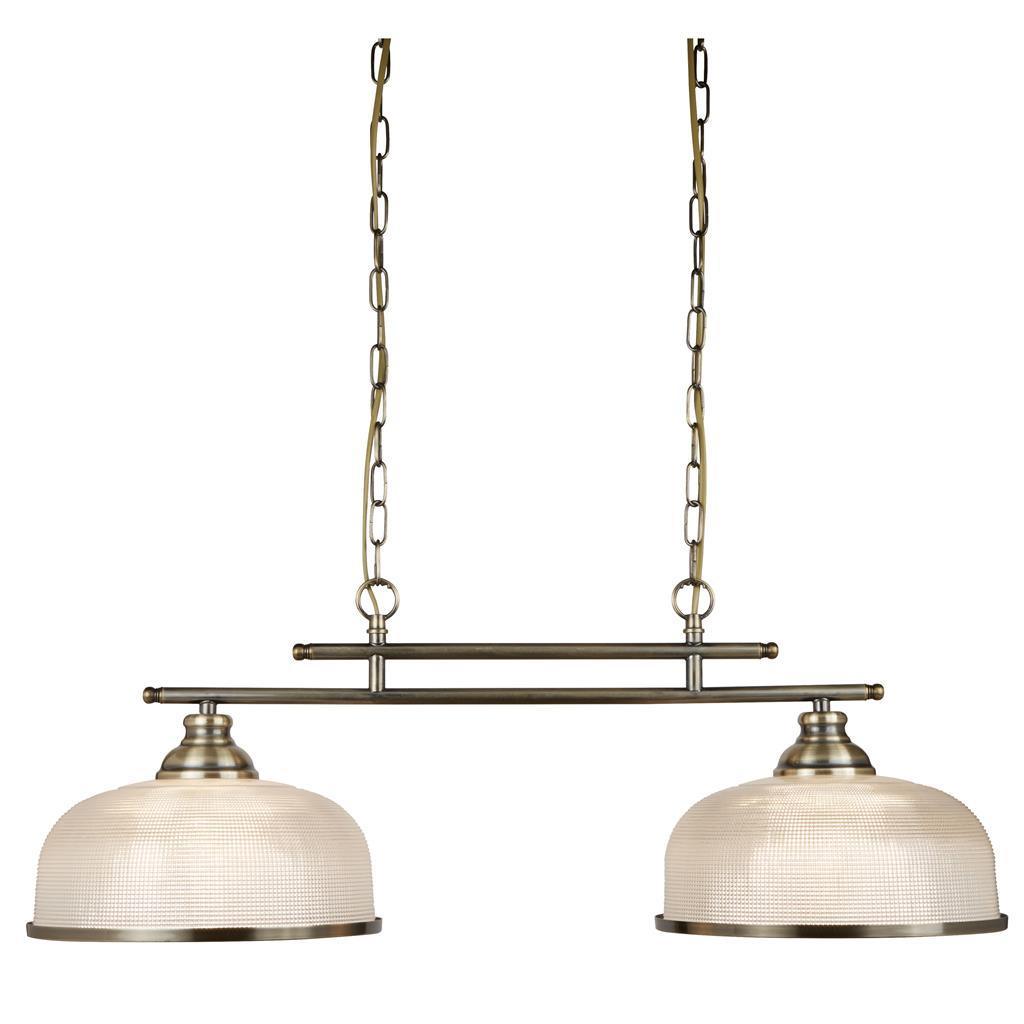 Bistro II 2-Light Brushed Brass Bar Pendant with Holophane Glass Shades - Perfect for Kitchen Island, Dining Room & Bar Lighting