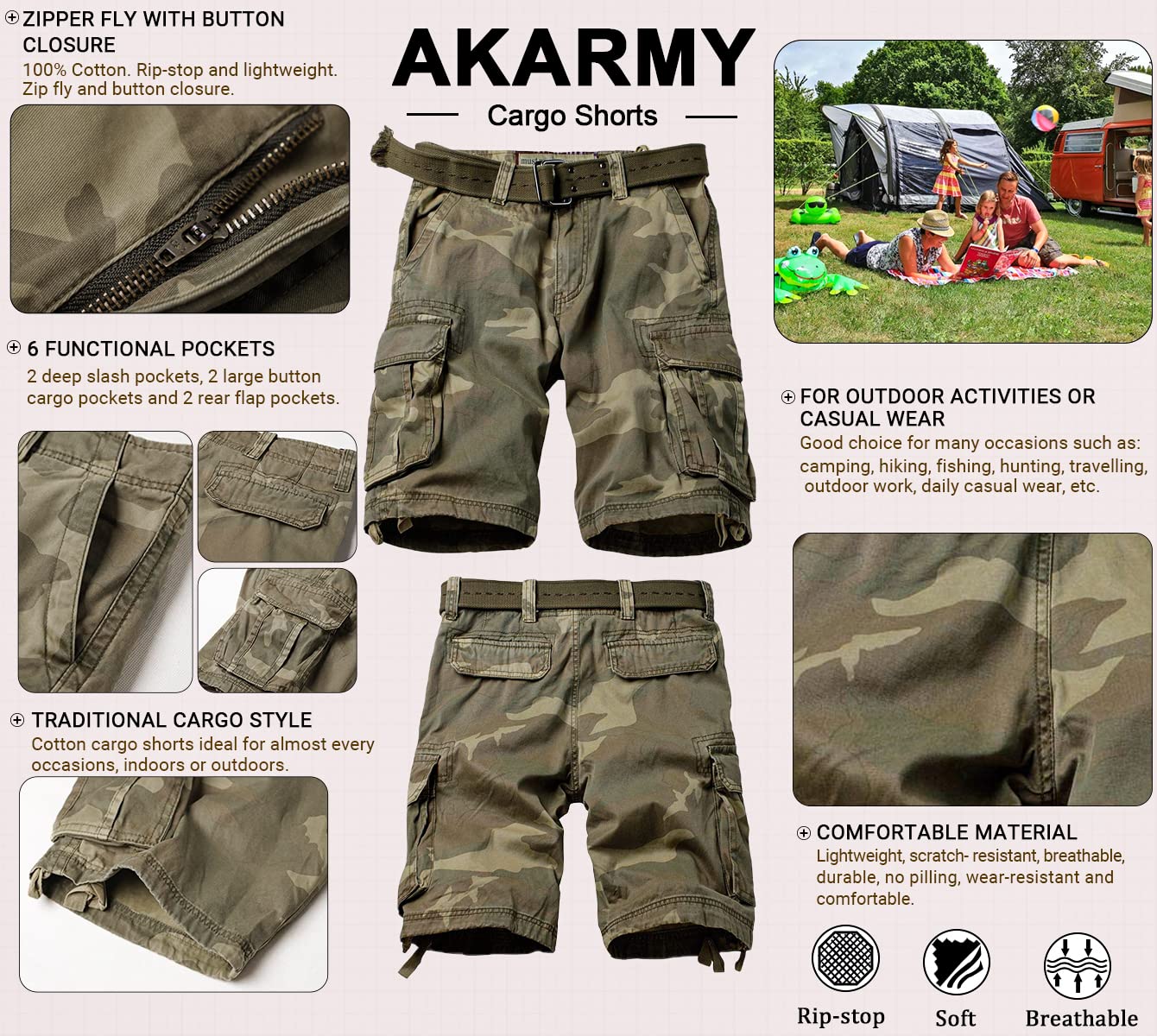 AKARMY Men's Camo Cargo Shorts - Outdoor Tactical Cotton Shorts with Multiple Pockets, No Belt Needed | Perfect for Hiking, Camping, and Casual Wear