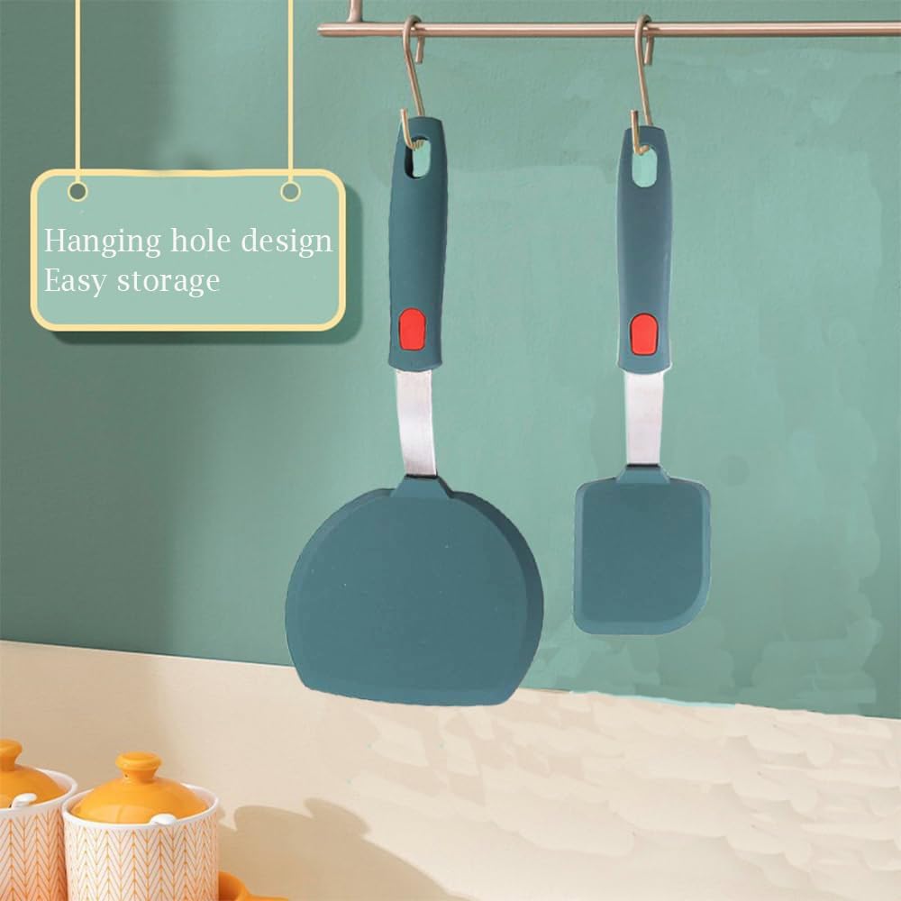 Flexible Silicone Fish Spatula Set of 2 - Non-Stick Pancake Turner, Omelette & Egg Spatula, Heat-Resistant Kitchen Utensils for Baking, Frying & Cooking (Green) - Perfect for Breakfast, BBQ & Baking Needs