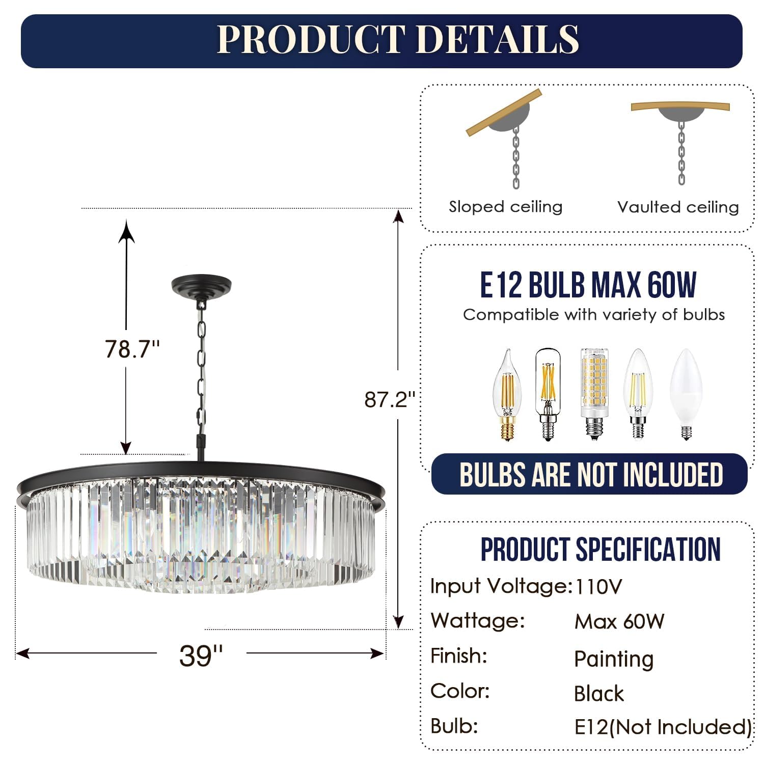 18-Light Crystal Chandelier - Adjustable Height 39