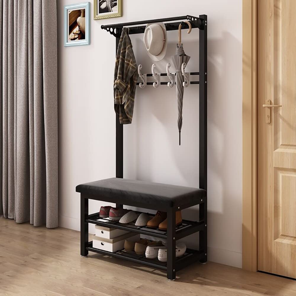 3-in-1 Freestanding Coat Rack with Bench & Shoe Storage - 10 Hooks Metal Hall Tree Organizer for Entryway, Bedroom & Closet (80x33x172cm, Dark) - Perfect for Small Spaces & Home Organization