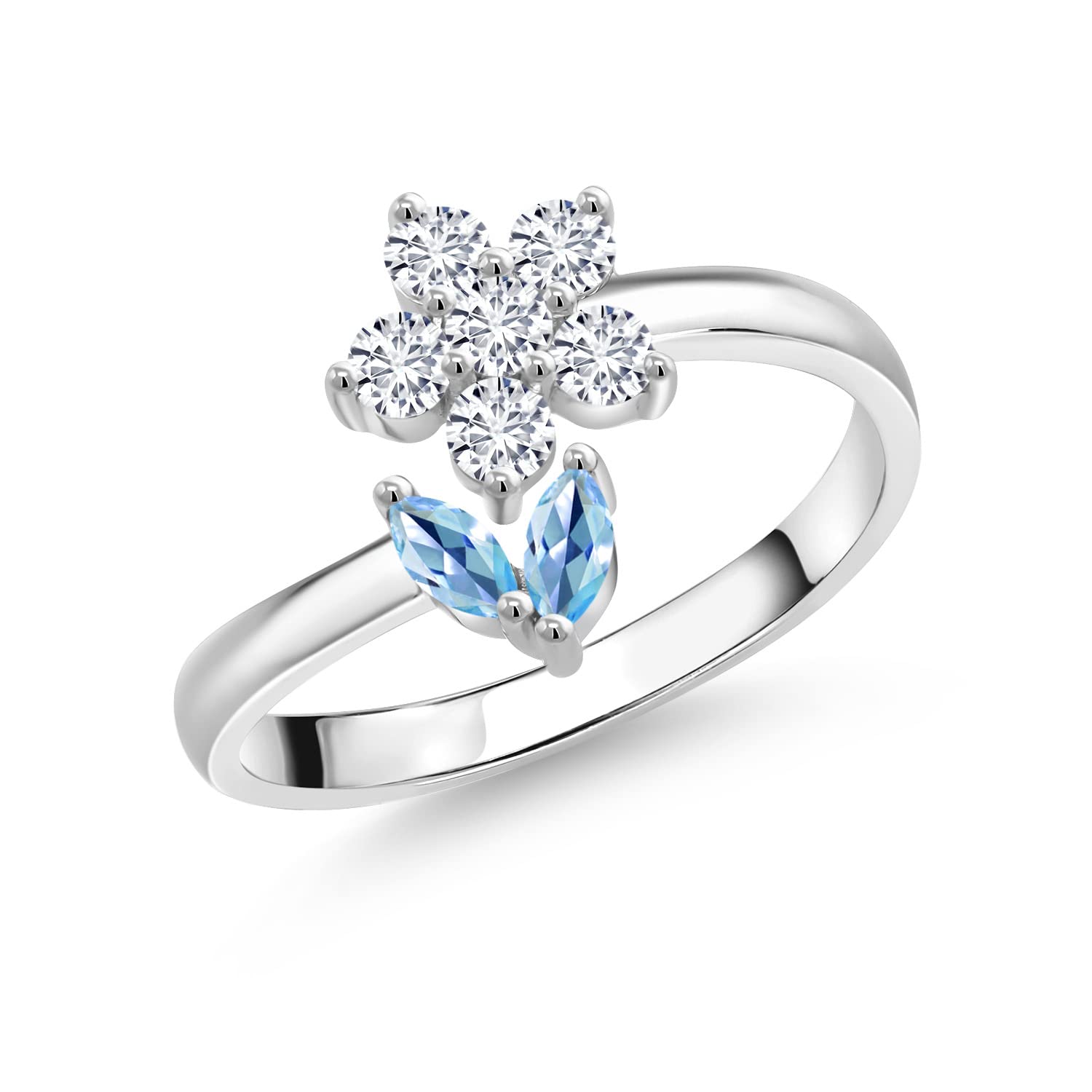 0.57 Ct Marquise Swiss Blue Topaz & G/H Lab-Grown Diamond 925 Sterling Silver Flower Ring for Women | Elegant Open Design by Gem Stone King | Perfect for Weddings, Anniversaries & Special Occasions