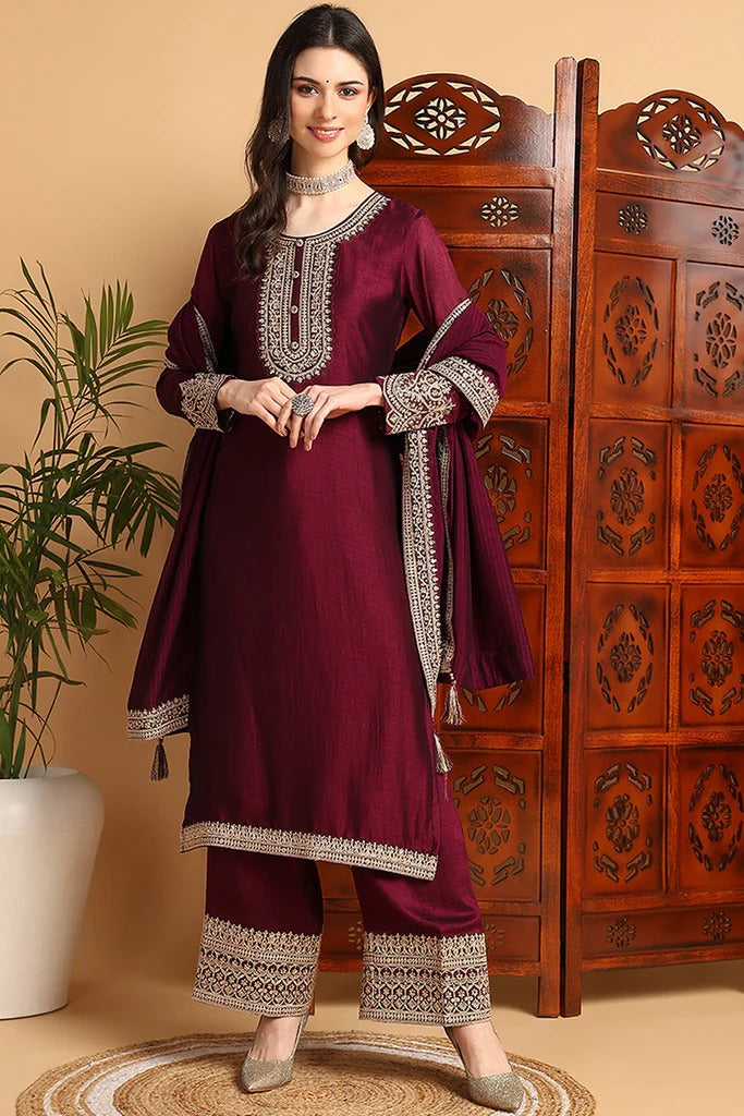 Maroon Silk Blend Suit Set for Men & Women | Elegant Festive Outfit for Diwali, Weddings & Special Occasions | Comfortable & Stylish Party Wear