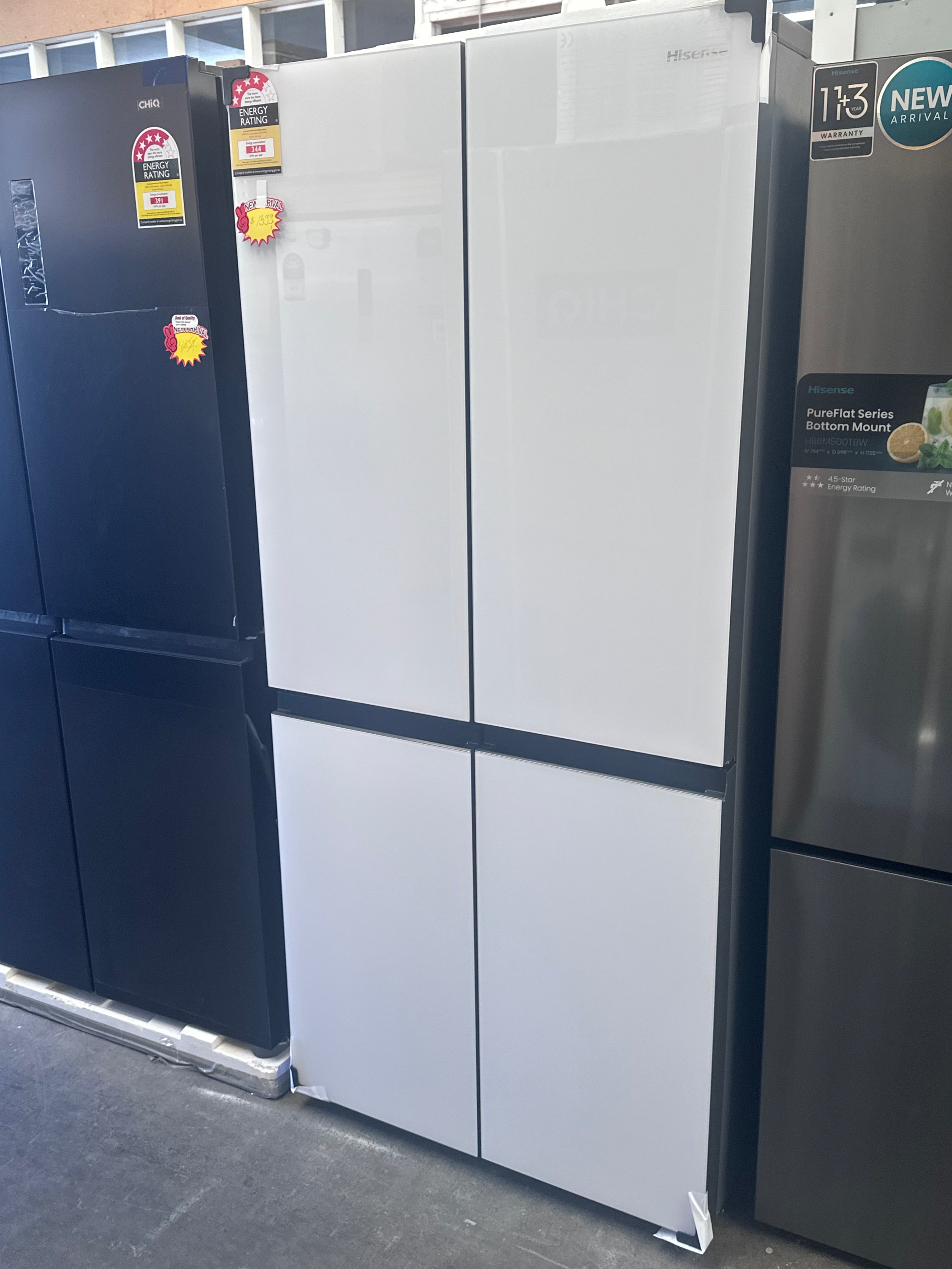 Hisense HRCD483G 483L White Glass French Door Refrigerator - PureFlat Design, Energy Efficient, 3-Year Warranty - Perfect for Modern Kitchens & Open-Concept Homes