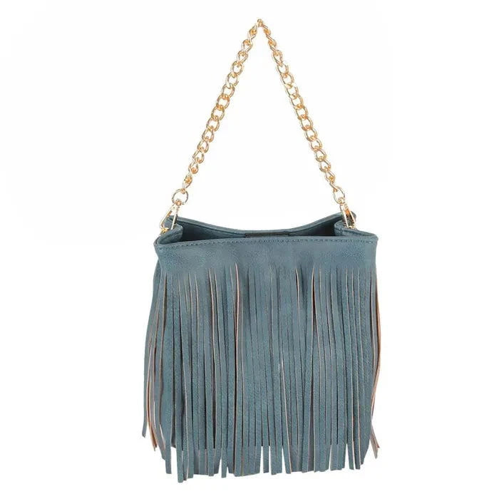 Stylish Denim Blue Faux Leather Fringe Crossbody Purse for Women - Perfect for Casual Outings, Date Nights & Music Festivals