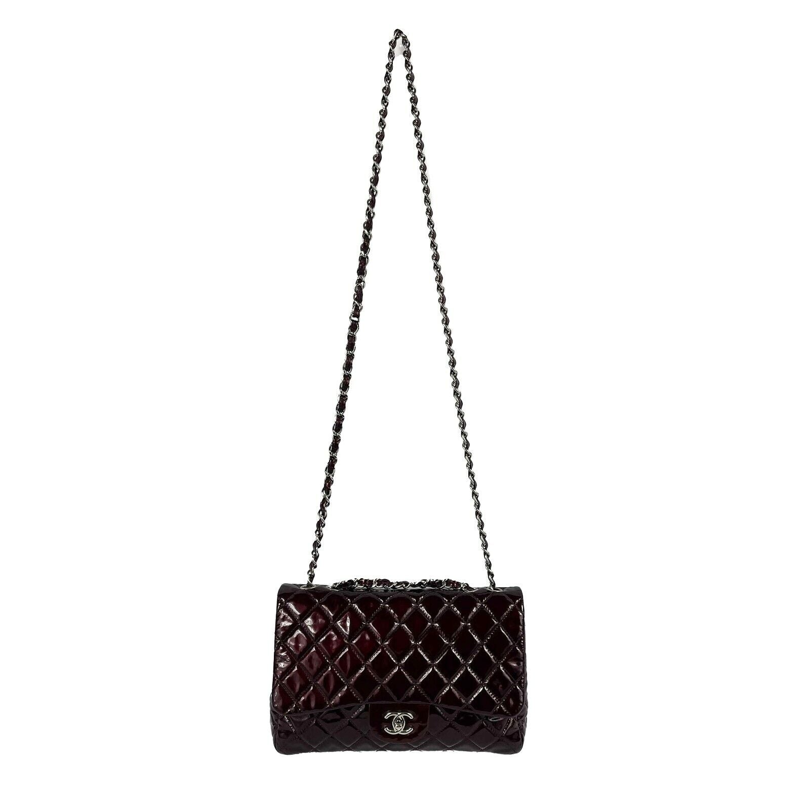 CHANEL Quilted Bordeaux & Silver Patent Leather Jumbo Single Flap Shoulder Bag - Luxury Designer Handbag for Women, Perfect for Evening Events & Special Occasions