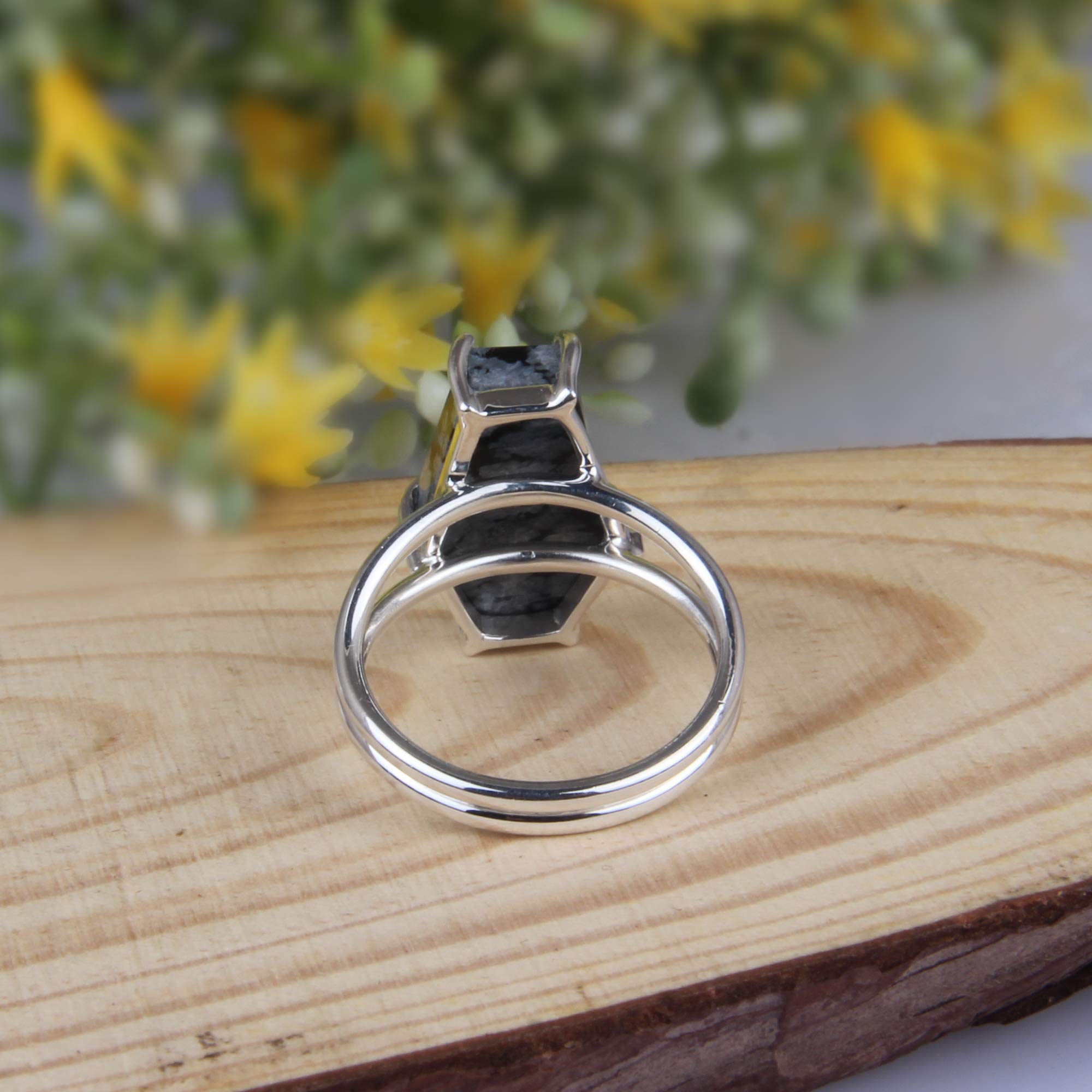 PANOPLY Natural Snowflake Obsidian Gemstone Ring - Sterling Silver Coffin Ring with Prong Setting | Handmade Boho Jewelry for Women | Perfect Gift for Mom, Birthday, Anniversary | Ideal for Everyday Wear, Special Occasions & Spiritual Healing