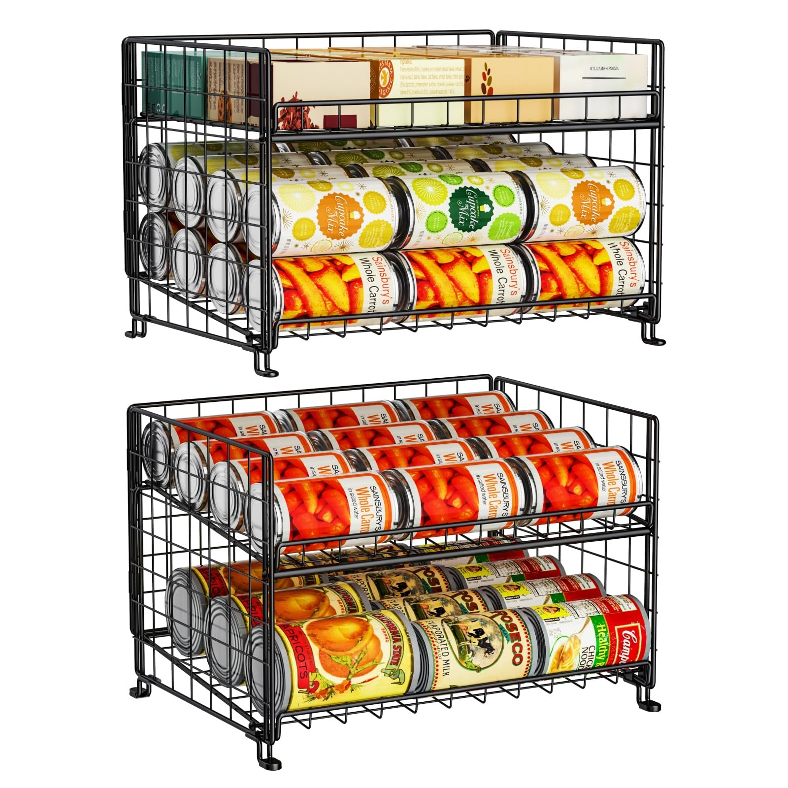 2-Pack Stackable Kitchen Pantry Organizer - Space-Saving Cabinet Storage for Food, Snacks & Soda Cans - Multifunctional Dispenser for Pantry, Office or Dorm Room Organization