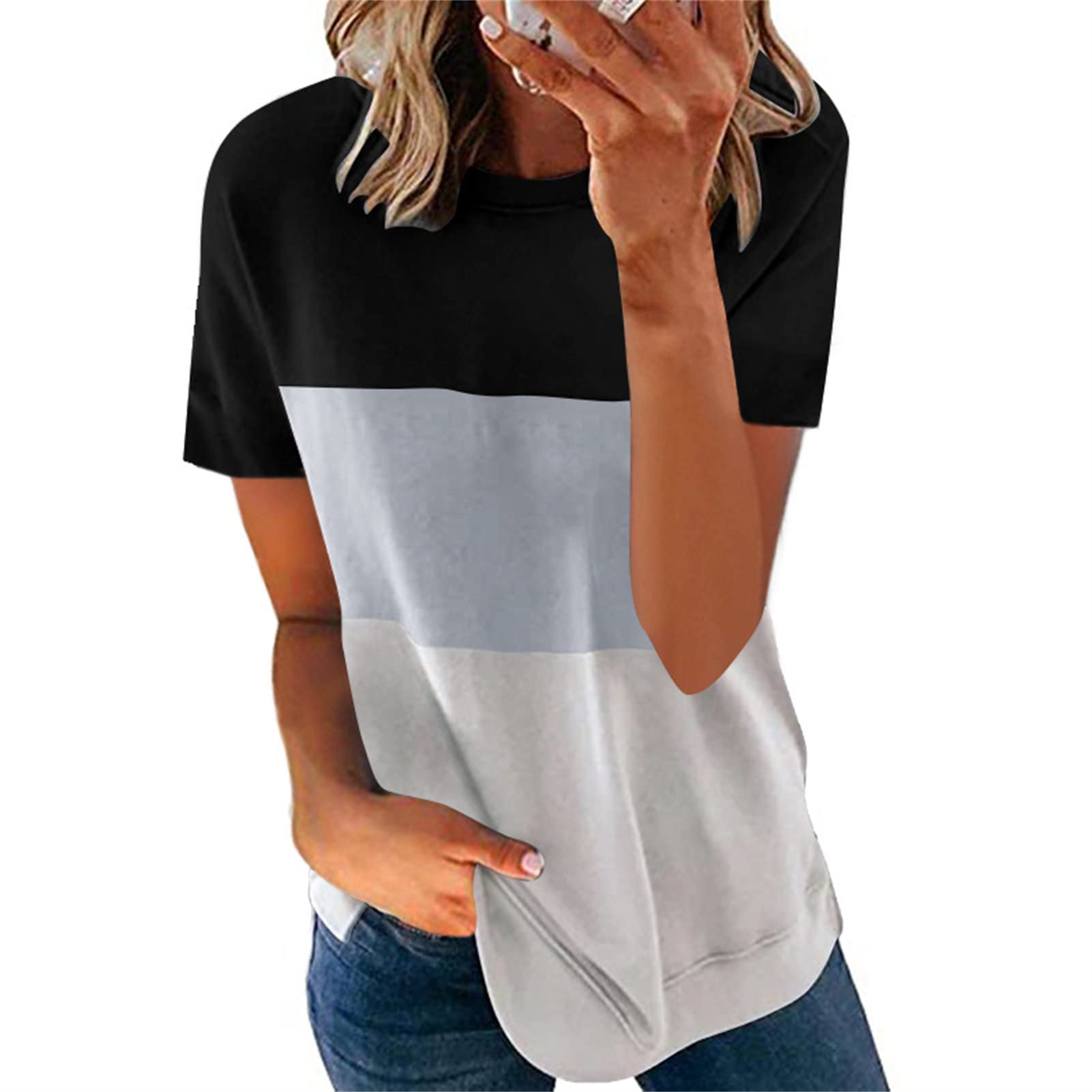 Women's Striped Color Block Short Sleeve Cotton Blouse - Loose Fit Crewneck Tunic Top for Fall | Casual Comfort Wear for Outings, Work & Layering