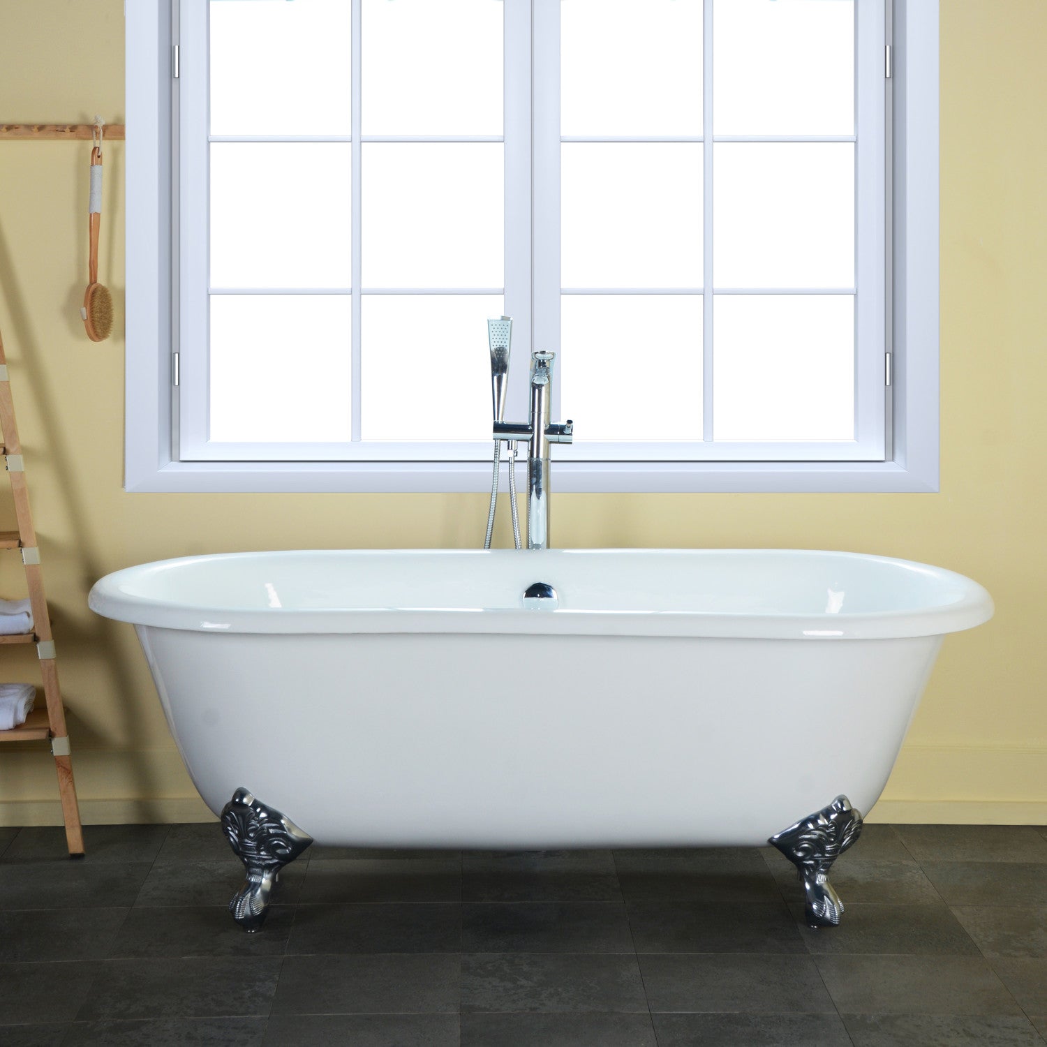 Aqua Eden 66 Inch White Cast Iron Clawfoot Bathtub - Oval Double Ended Freestanding Tub with Polished Chrome Feet - Perfect for Vintage & Modern Bathrooms, Spa Relaxation
