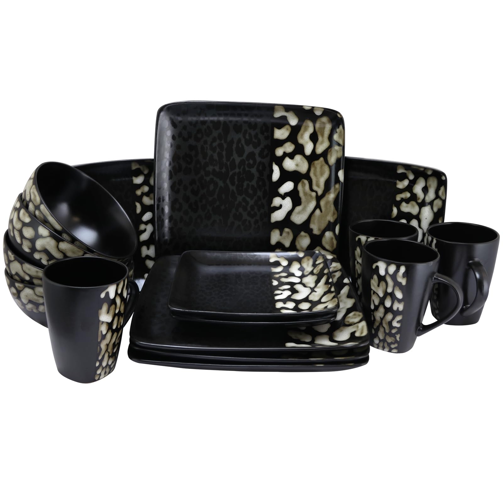Elama Square Stoneware Dinnerware Set - 16-Piece Matte Black Cheetah Print Plates, Bowls & Mugs - Durable Stoneware for Everyday Use, Dinner Parties & Modern Kitchen Decor