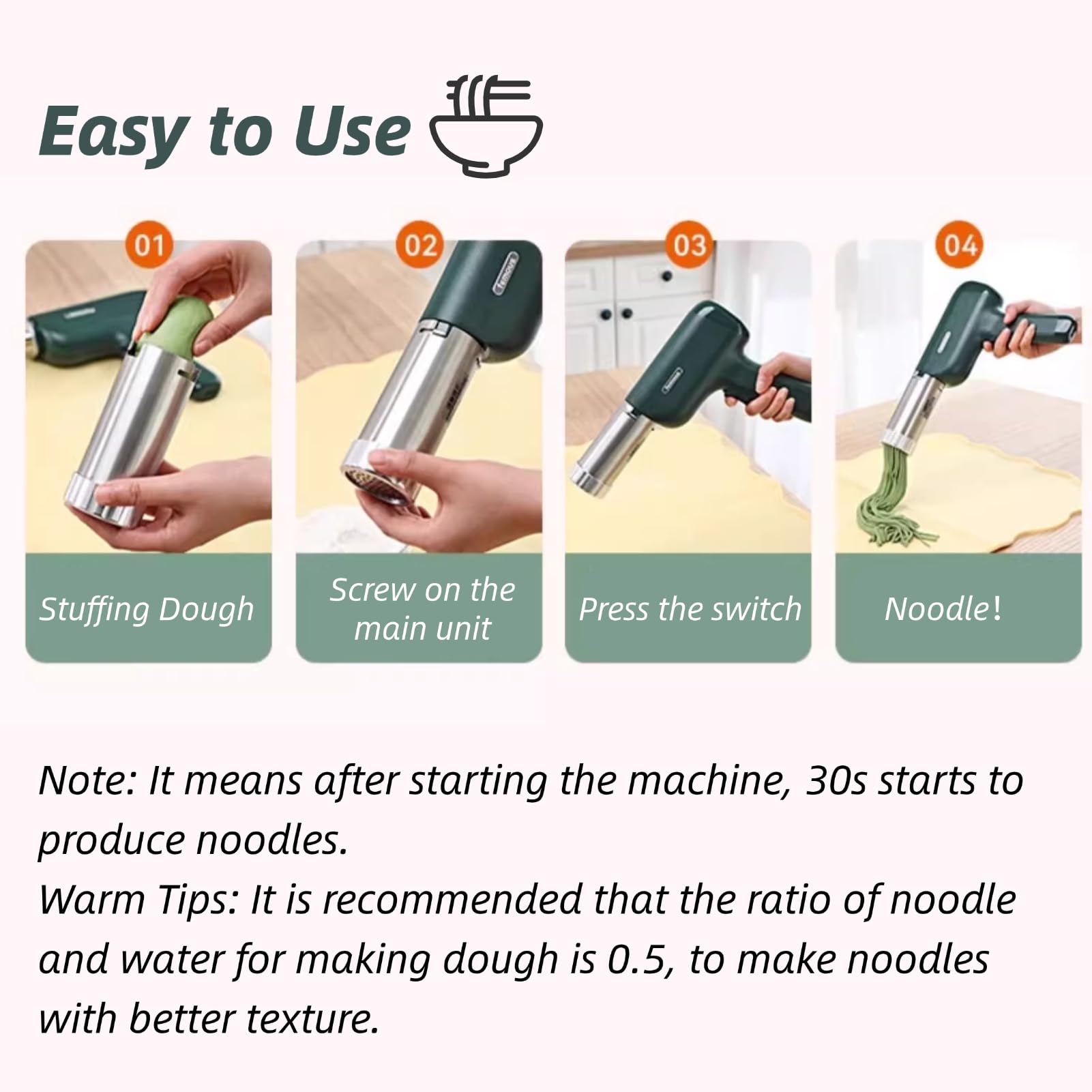 5-in-1 Electric Pasta Maker Machine - Handheld Cordless Noodle Maker for Homemade Ramen, Spaghetti & Dough - Includes Dough Press, Cutter & Cleaning Brush (Green) - Perfect for Kitchen, Camping & Small Spaces