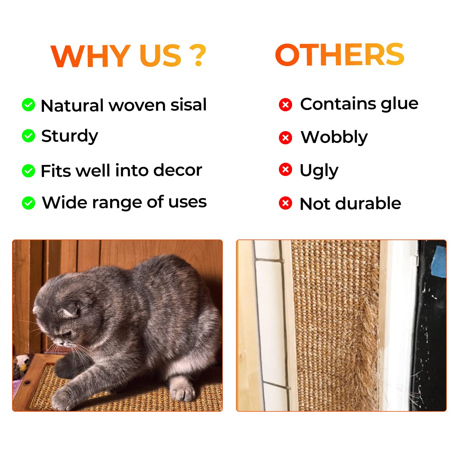 Premium Cat Scratching Post - Natural Wooden Sisal Cat Wall Scratcher for Indoor Cats | Floor & Wall Mounted Vertical Scratch Pad for Kittens & Adult Cats | Protects Furniture & Walls - Perfect for Living Rooms, Bedrooms & Home Offices