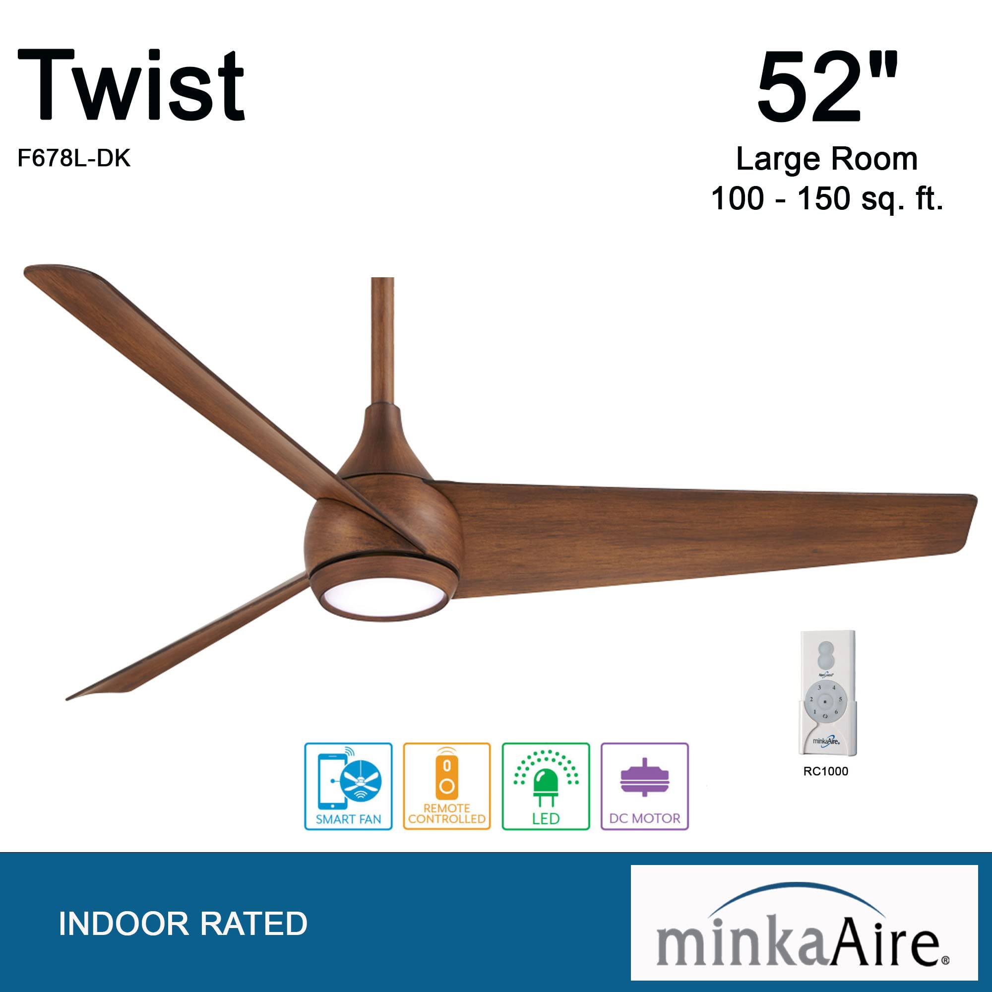 MINKA-AIRE F678L-DK Twist 52 Inch Ceiling Fan with LED Light Kit and Remote Control, Distressed Koa Finish - Perfect for Living Room, Bedroom, and Outdoor Patio Cooling