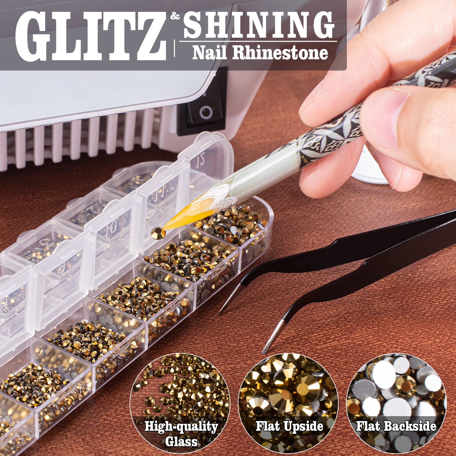 3600pcs Flatback Glass Rhinestones - 1.8mm/2mm/2.4mm/2.8mm/3mm/4mm Multi-Size Crystal Gems for Nail Art, Manicure, DIY Jewelry & Crafting - Includes Tweezer & Pickup Pencil - Perfect for Nail Salon, Home Decoration & Gift Making