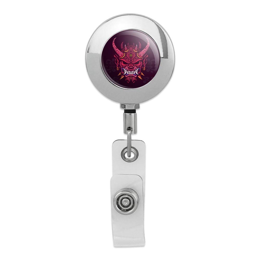 Japanese Oni Demon Mask Retractable ID Badge Holder - Premium Metal Chrome Clip for Cosplay, Halloween Costume & Anime Conventions