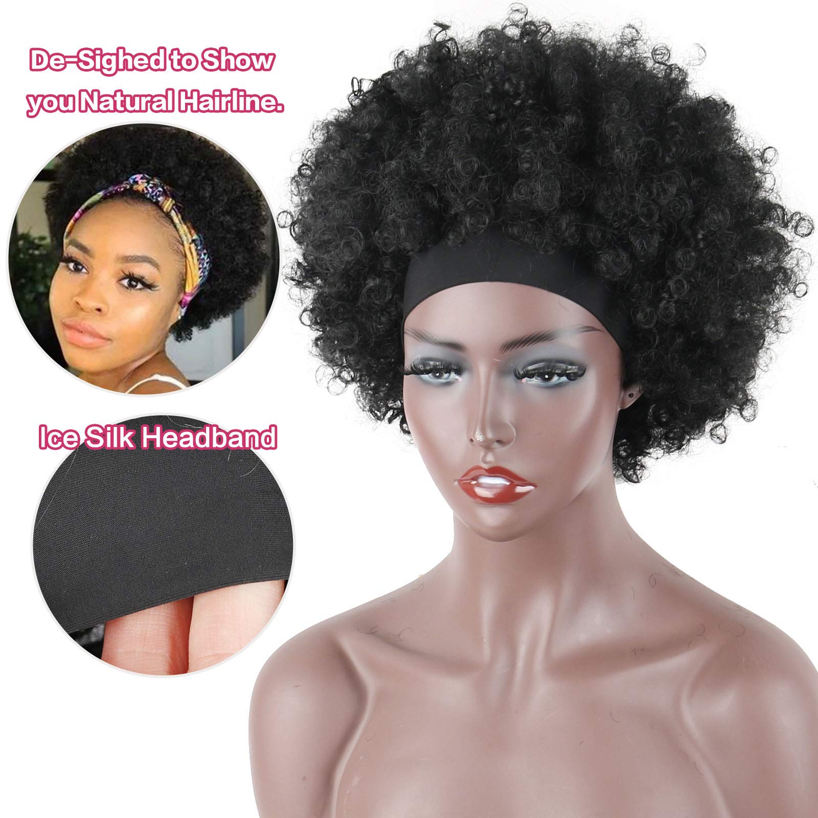 LEOSA Short Afro Kinky Curly Synthetic Wigs for Black Women - Pre-attached Headband, Natural Looking Replacement Hair - Perfect for Daily Wear, Cosplay & Protective Styling