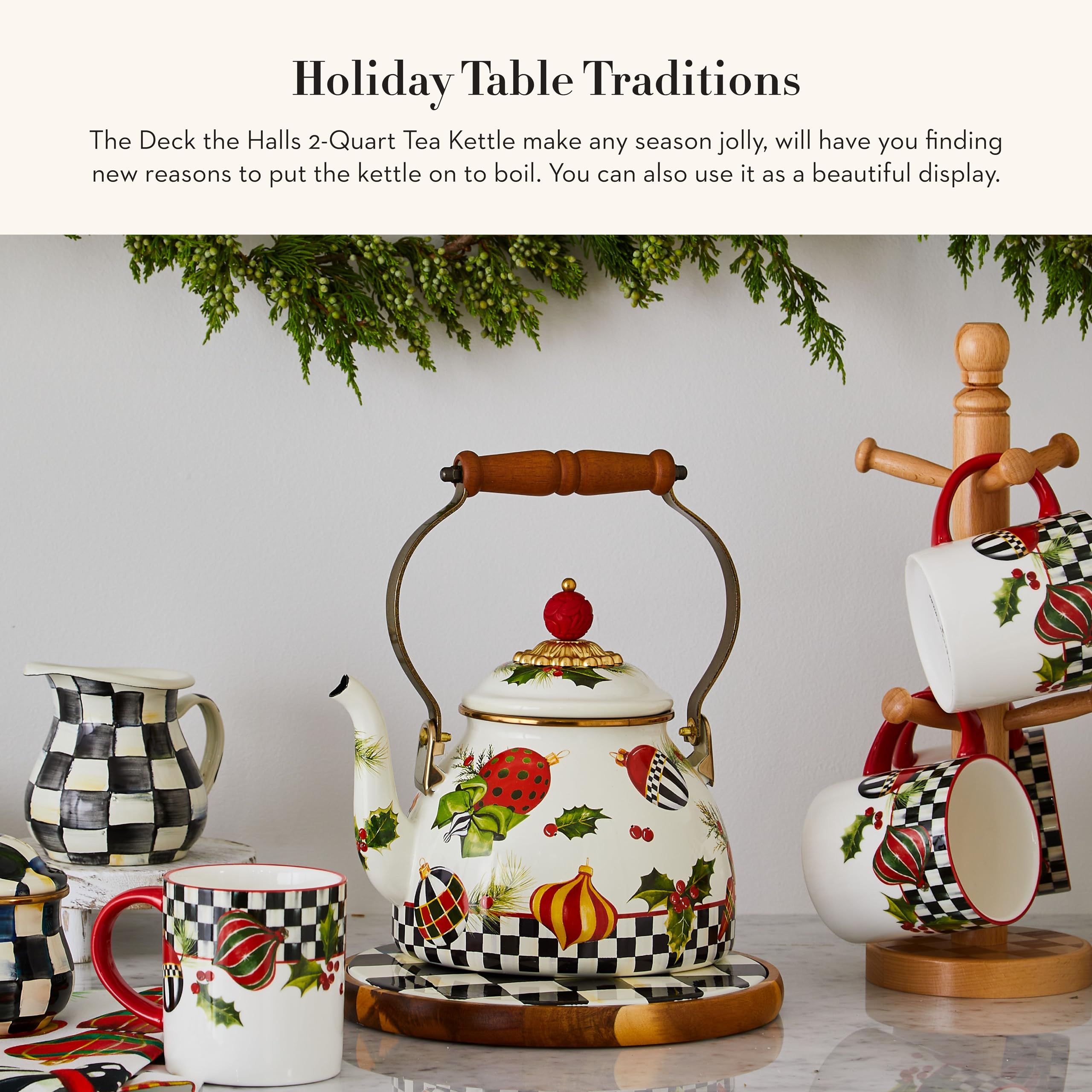 MACKENZIE-CHILDS 2-Quart Christmas Enamel Tea Kettle - Stovetop Holiday Decor & Cozy Kitchen Gift for Tea Lovers - Perfect for Festive Gatherings & Winter Home Decor