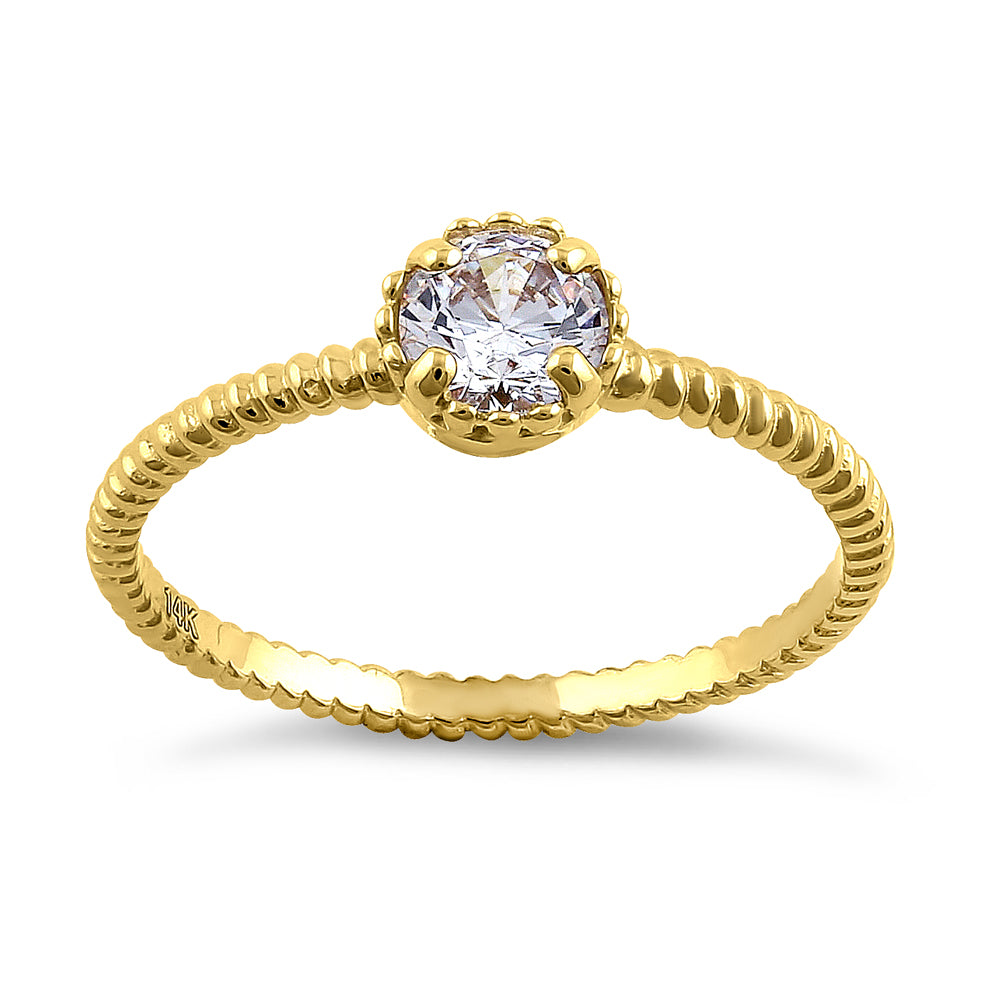14K Solid Yellow Gold Round Cut Cubic Zirconia Rope Ring for Women - Elegant Jewelry Gift for Anniversary, Wedding, or Special Occasions
