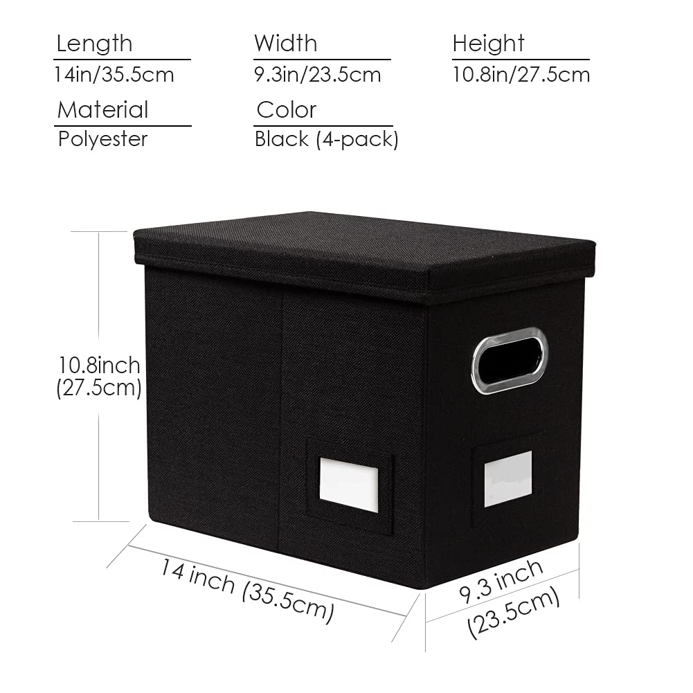 PRANDOM File Organizer Box Set of 4 - Collapsible Linen Storage Bins with Lids for Office, Home & School - Letter Size Hanging File Folders (14x9.3x10.8 Inch) - Perfect for Desk Organization, Document Storage & Cabinet Filing Systems